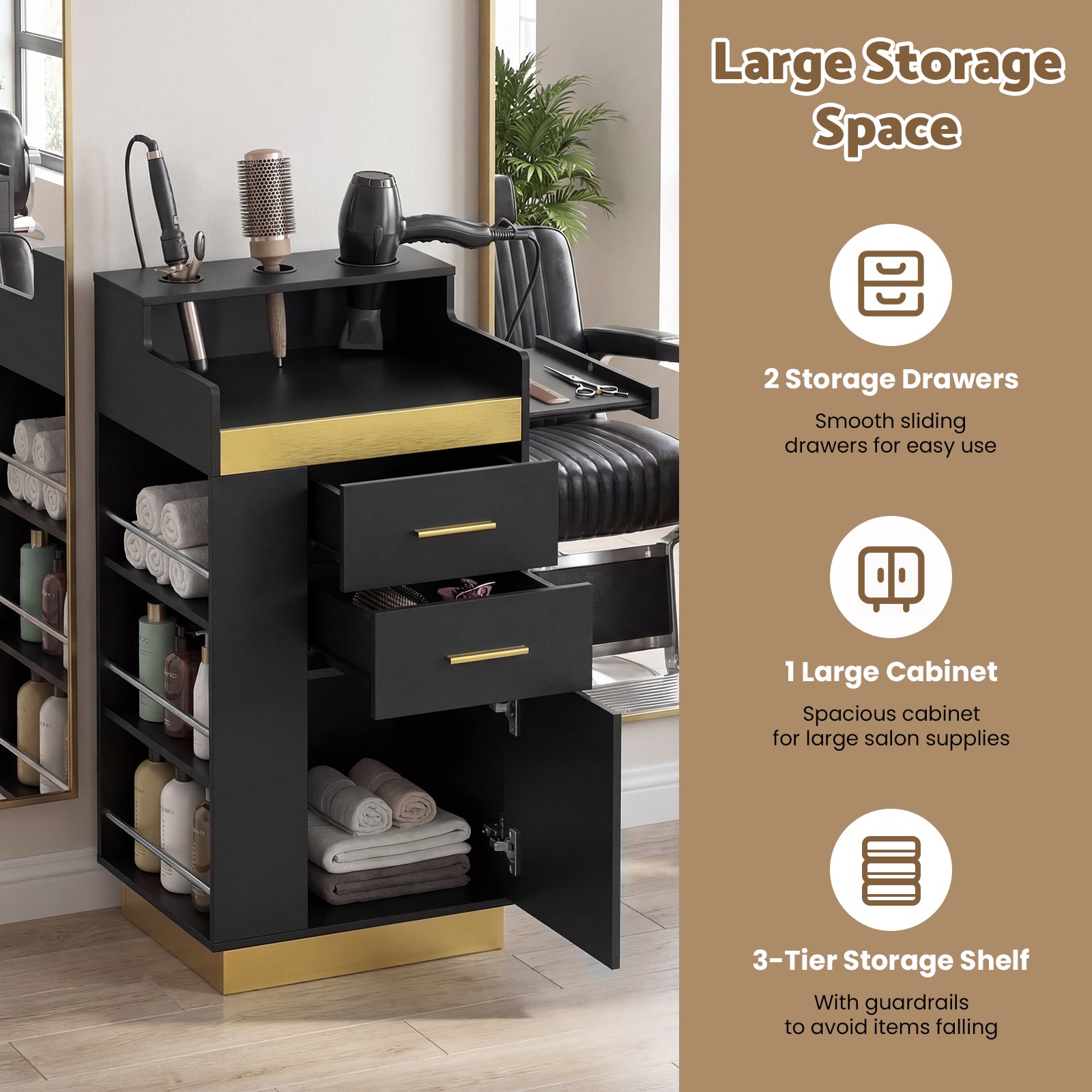 Salon styling station with storage drawers, cabinet, and shelf in a salon setting.