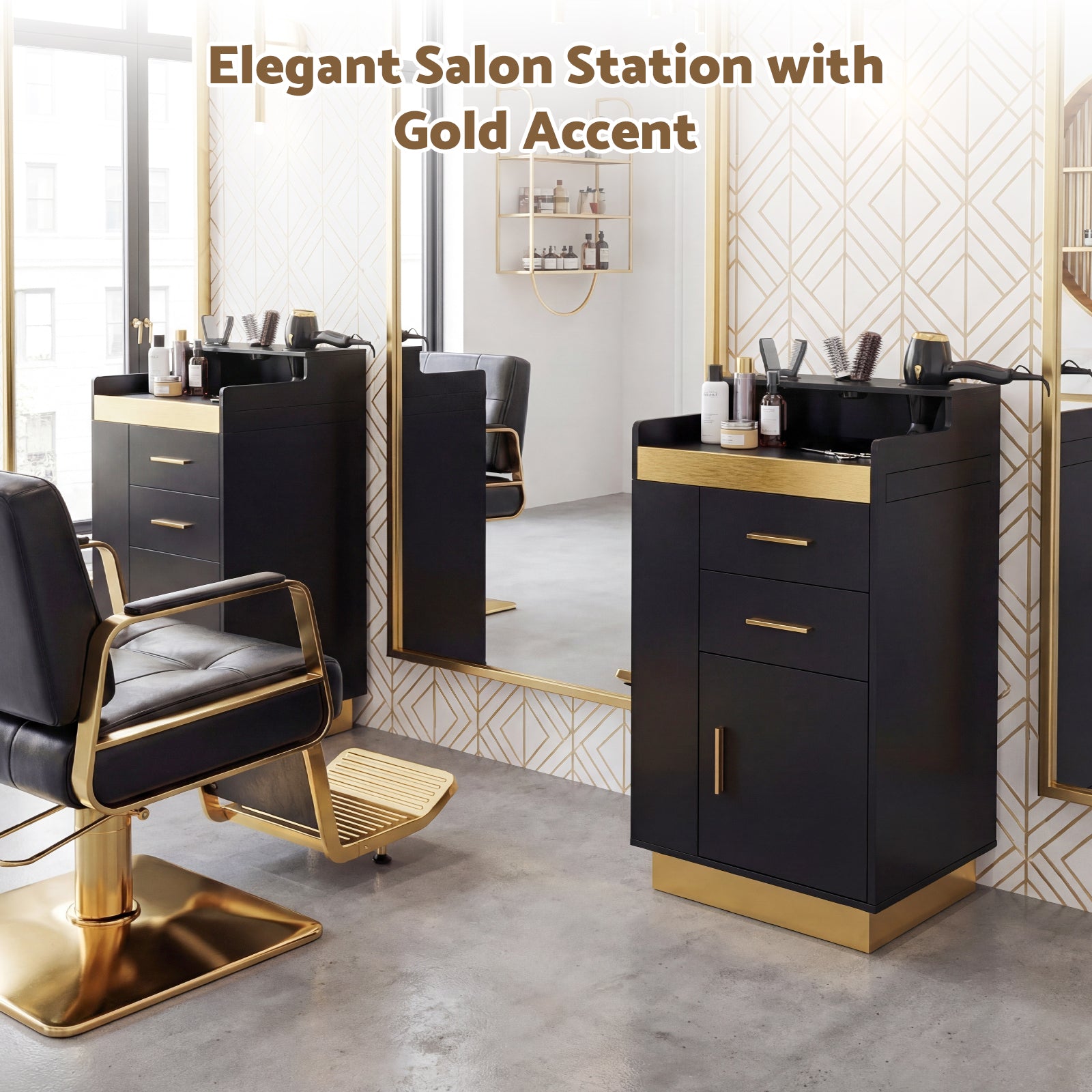 Salon station with black and gold furniture, including a chair and sinks, in a modern salon setting.