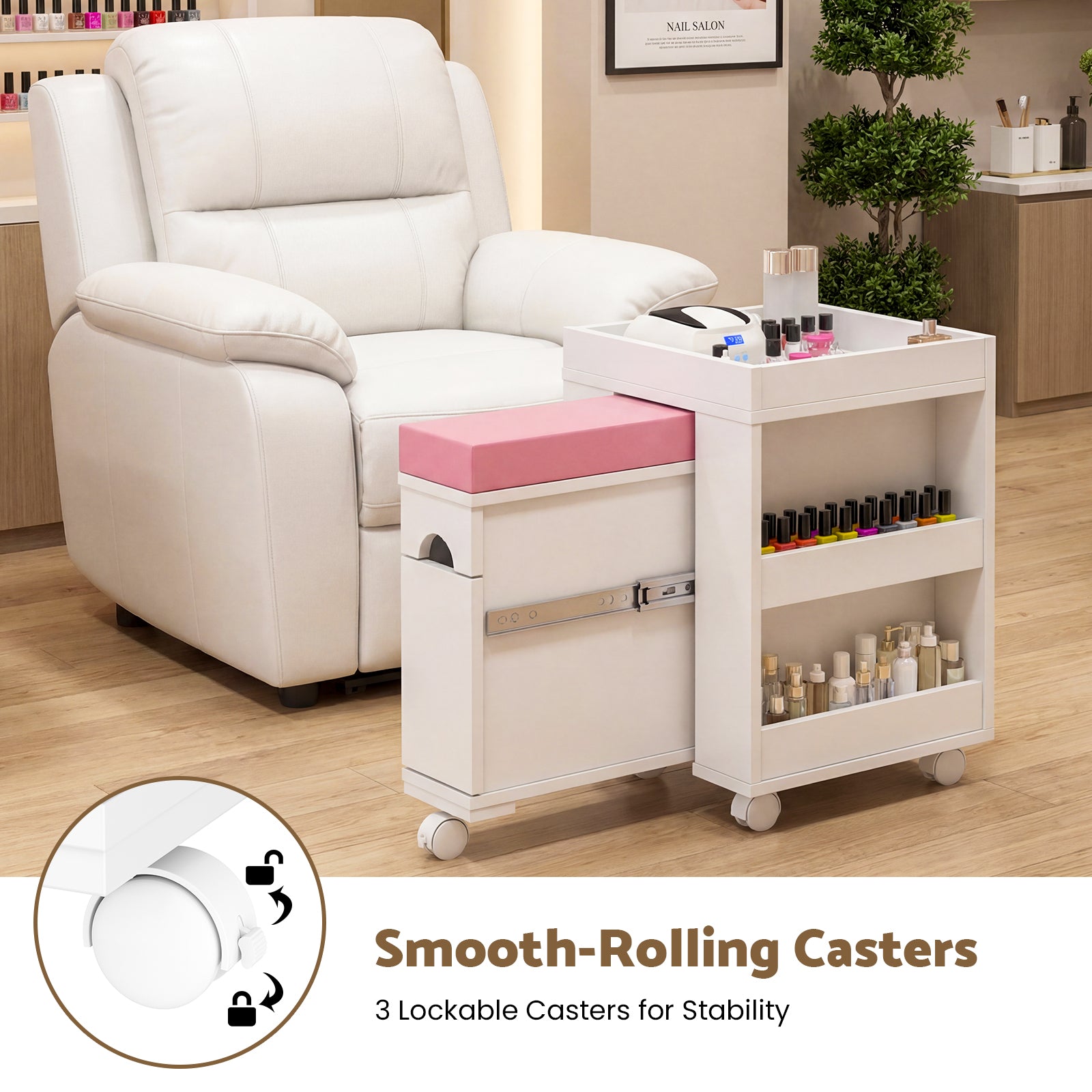 White nail station with pink cushion and rolling cart in a salon setting