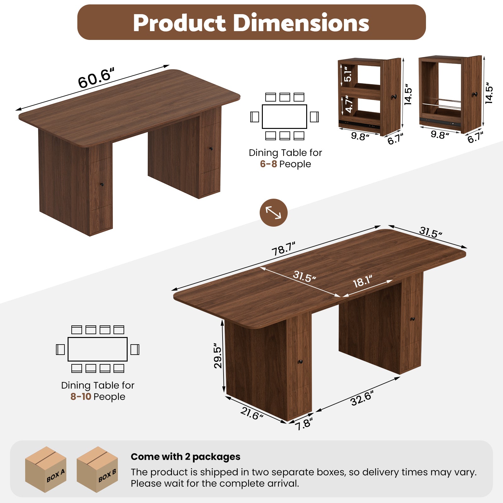 Wooden dining table dimensions for different numbers of people with product packaging information.