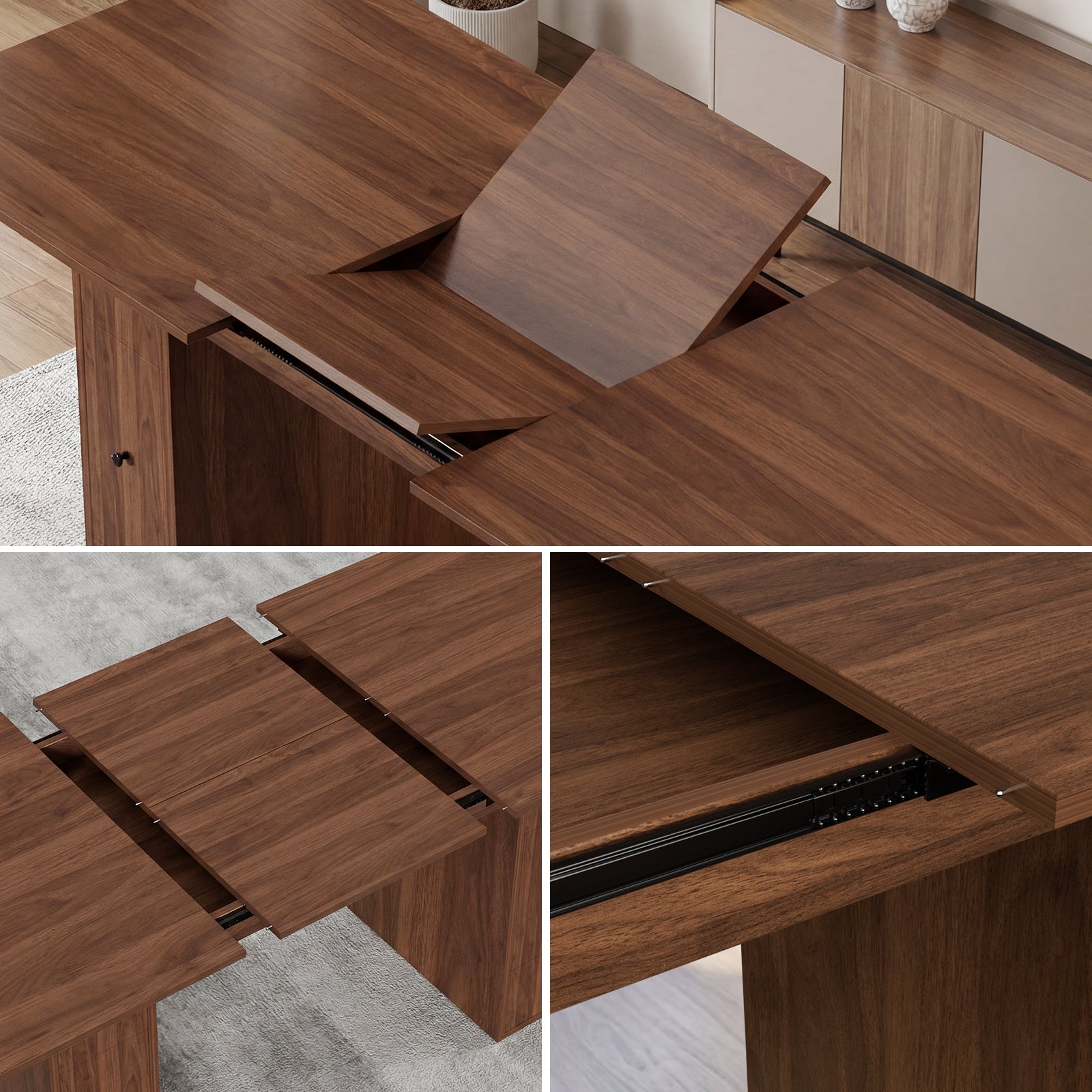 Wooden dining table with extendable leaves in a kitchen setting