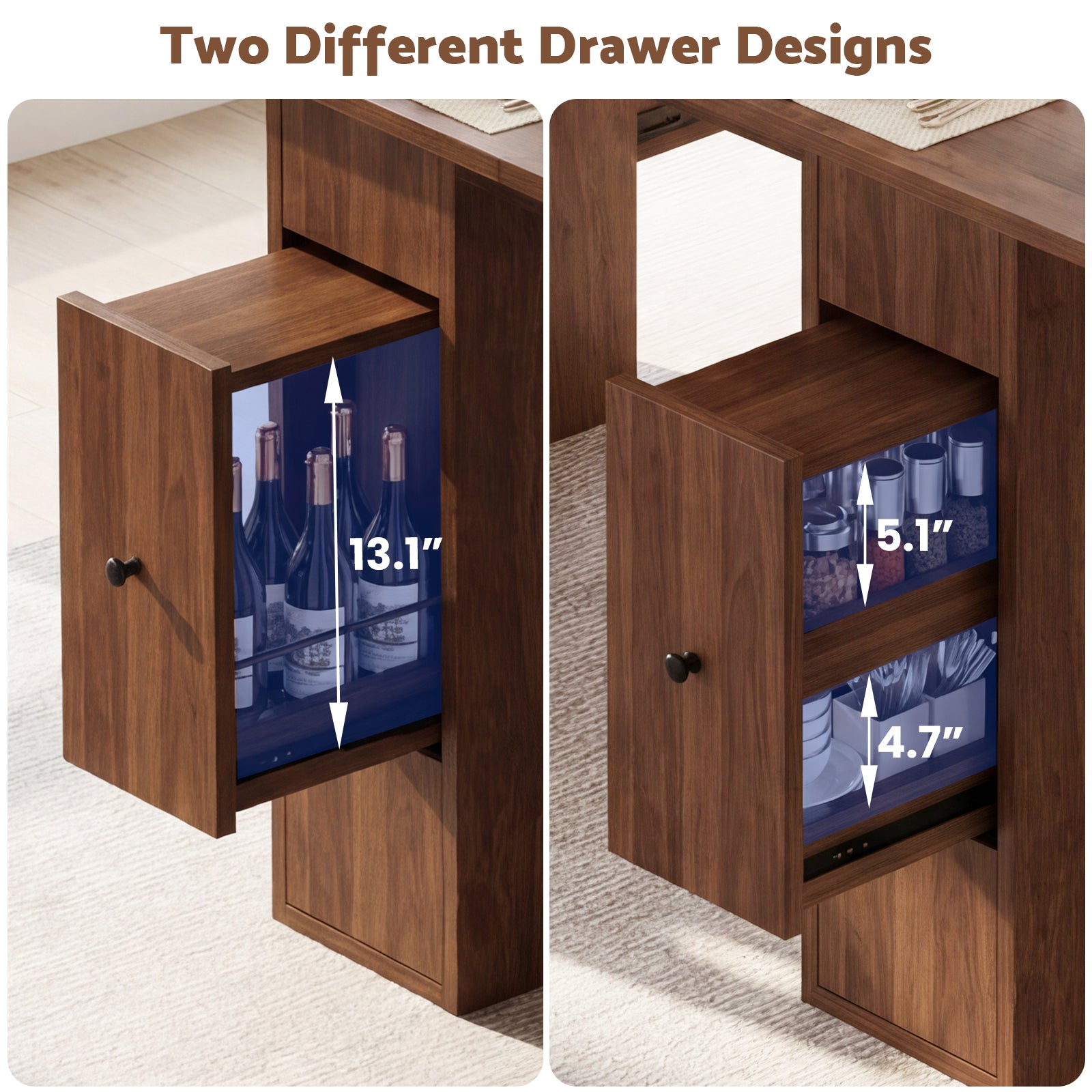 Two different drawer designs with measurements indicated on a wooden cabinet.