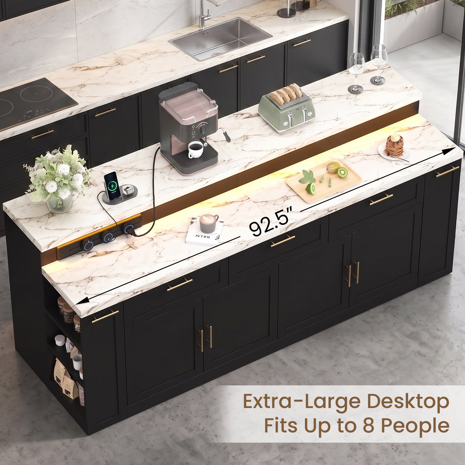 Advwin 92.5" Stationary Kitchen Island with Storage