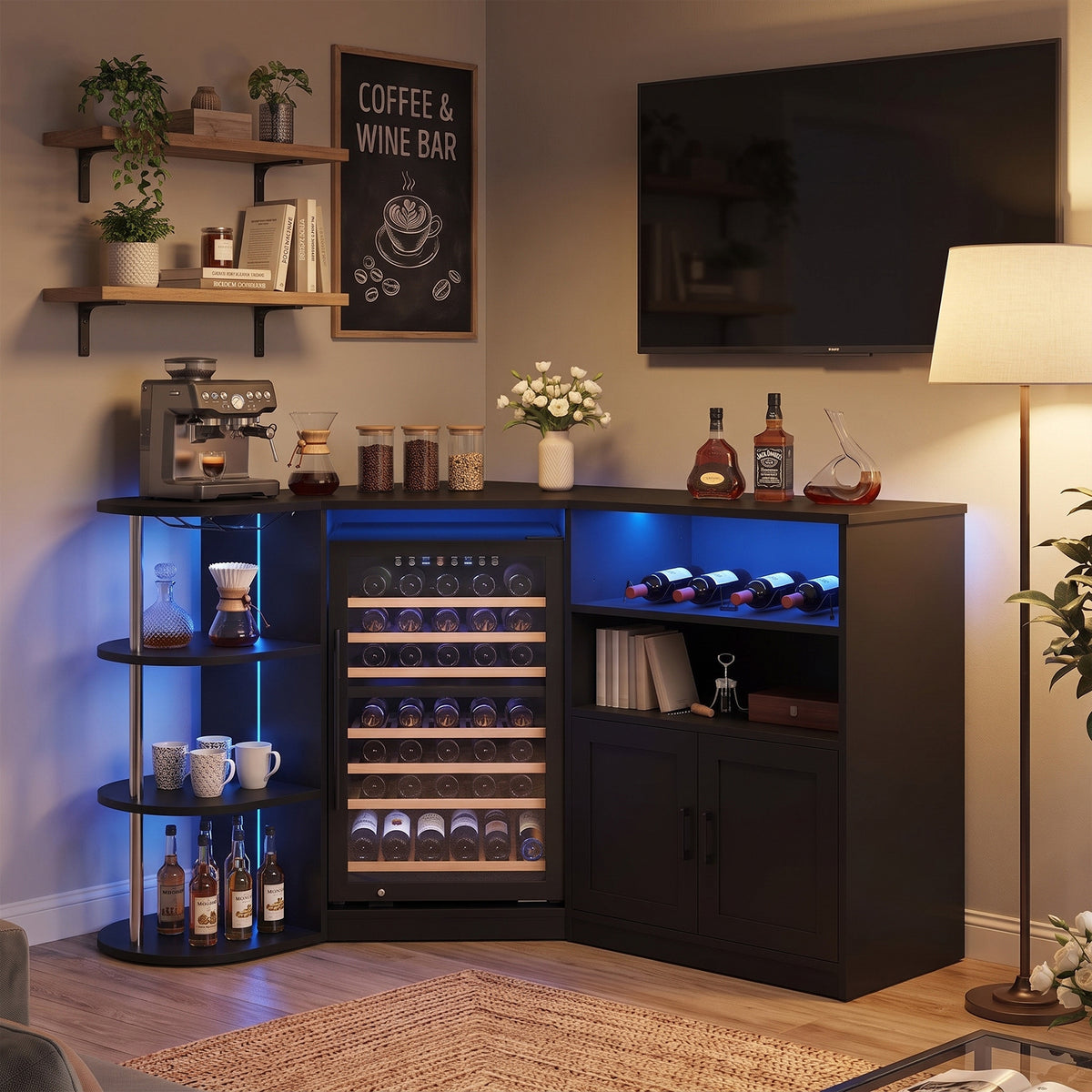Advwin Corner Coffee Bar Cabinet w/ Fridge Space