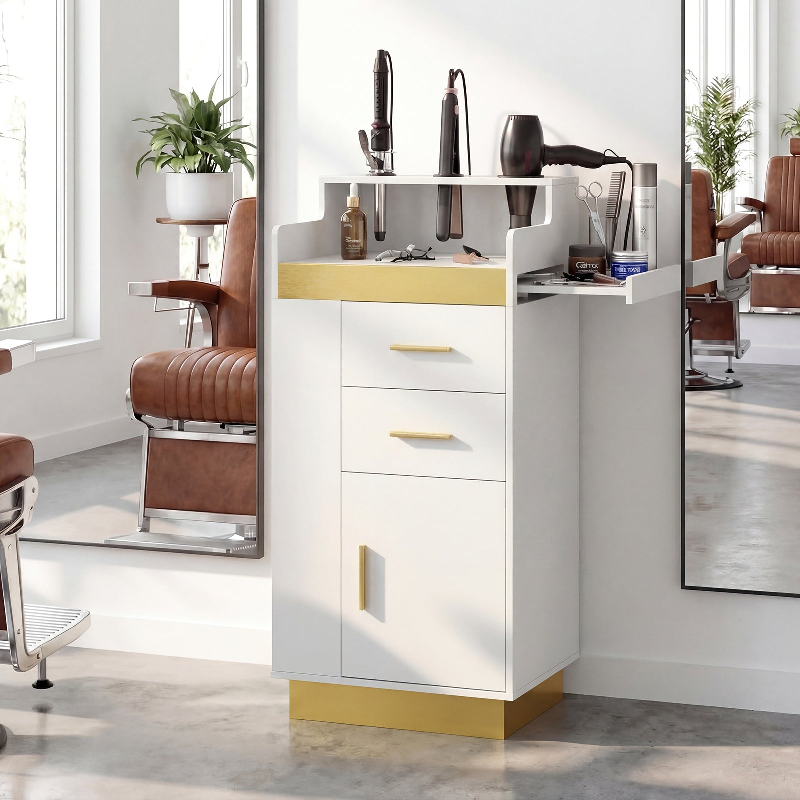 Salon styling station with mirrors, chairs, and hair tools in a modern salon setting.