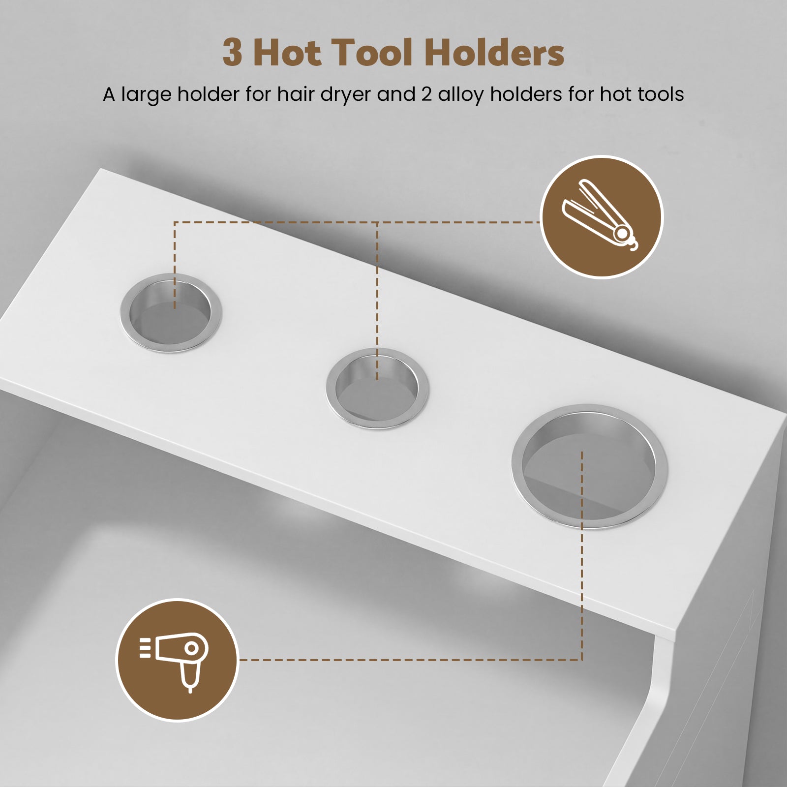 Hot tool holder with three compartments for hair dryer and hot tools on a gray background