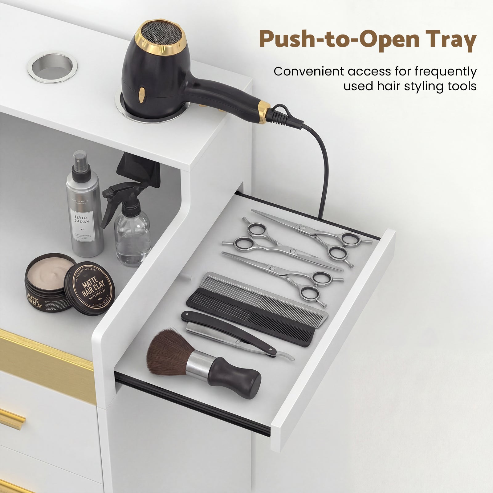 Hair styling tools in a drawer with a push-to-open tray labeled 'Convenient access for frequently used hair styling tools'.