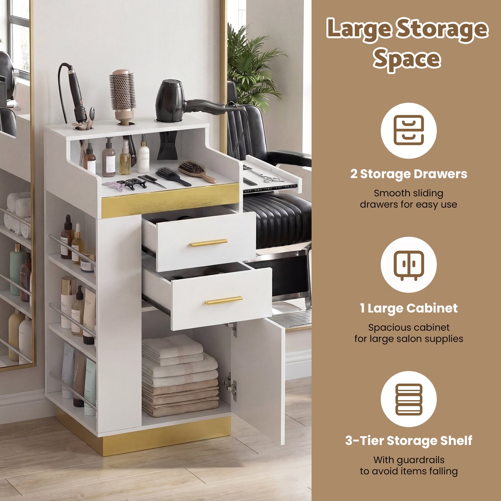 Salon styling station with storage drawers, cabinet, and shelf in a salon setting.
