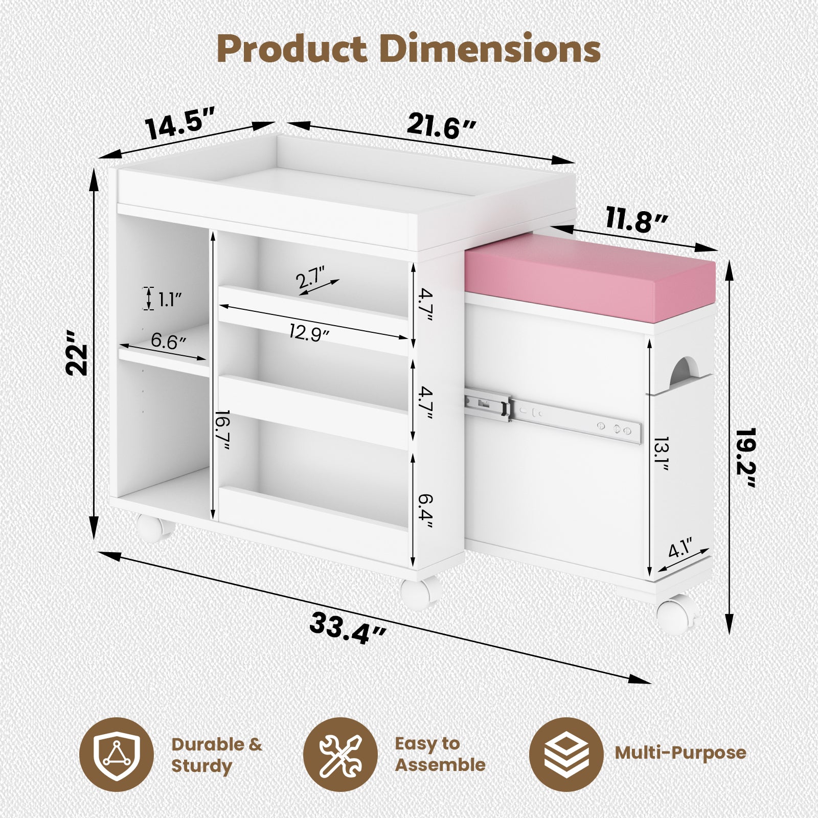 Dimensions of a white storage unit with pink cushion on a light gray background