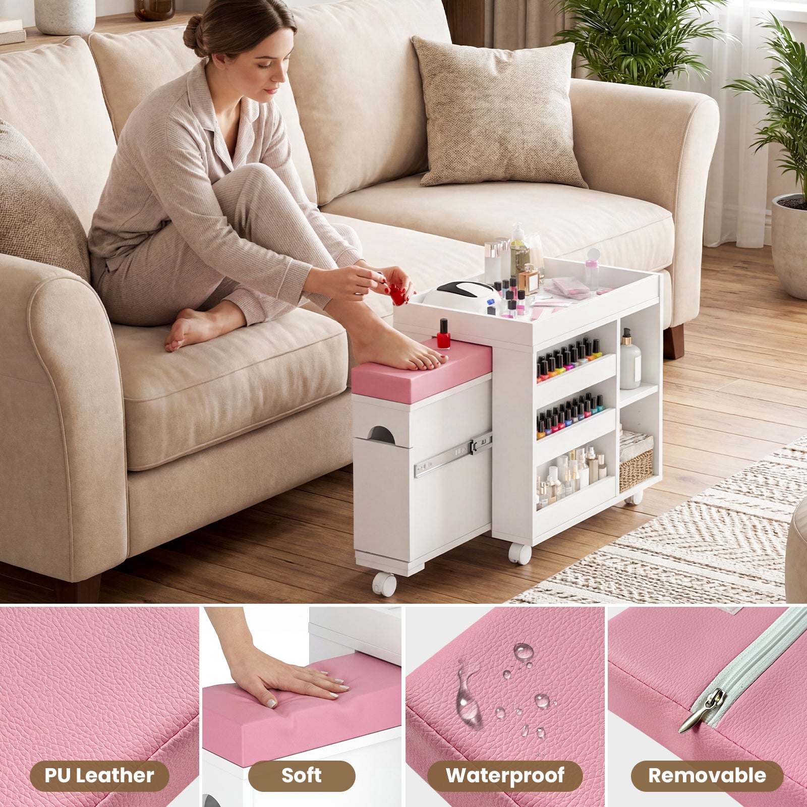 Woman getting a pedicure at home using a portable nail station with pink cushion.