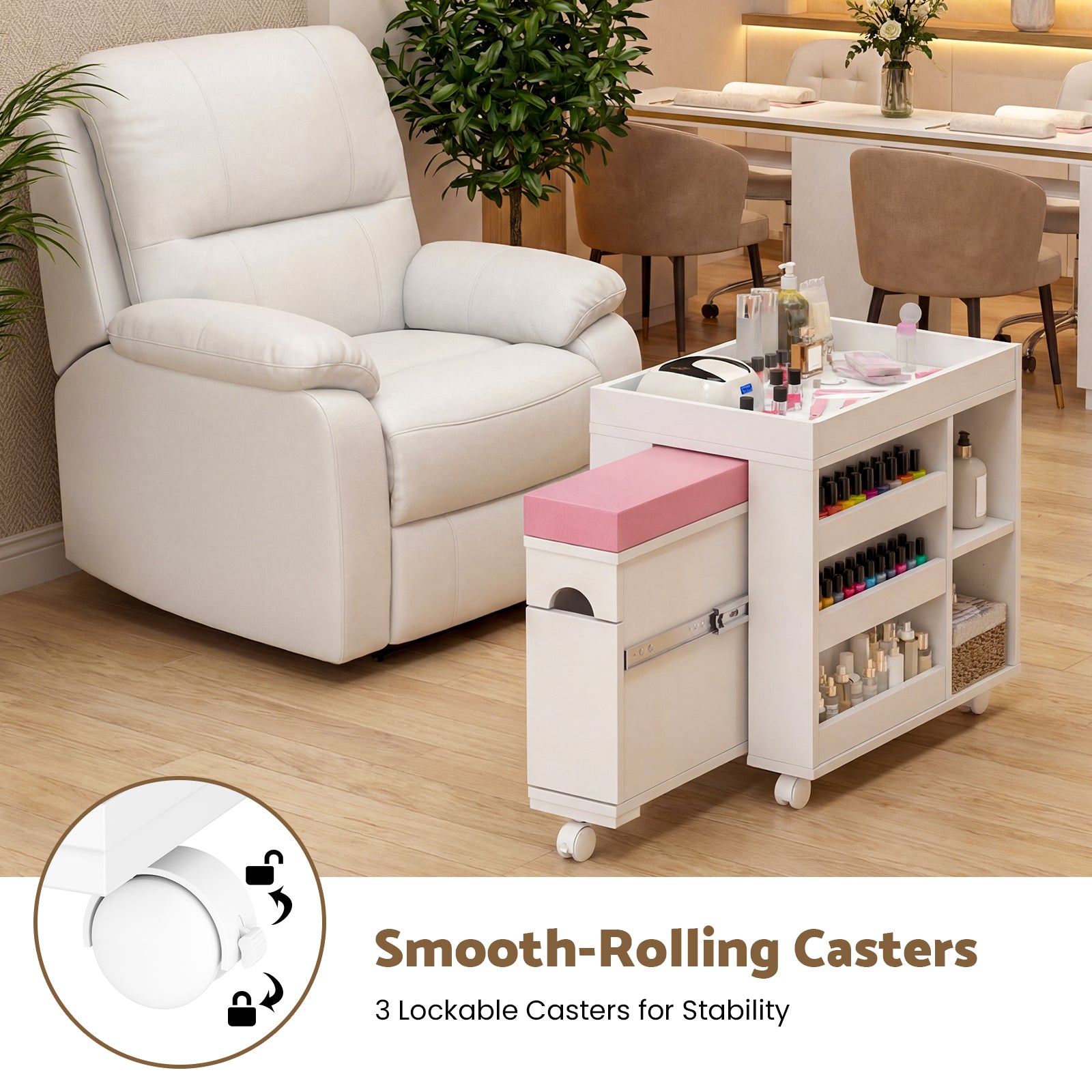 White recliner chair with a nail art cart in a room setting, emphasizing stability with lockable casters.