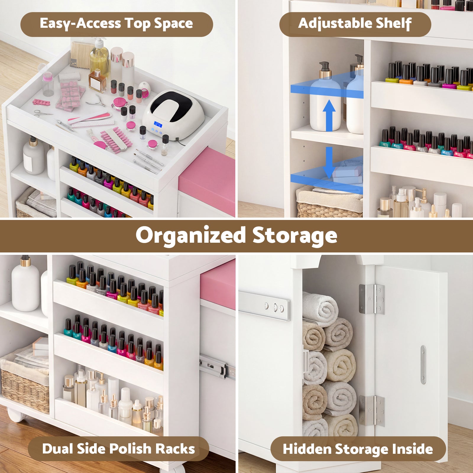 Collage of a nail art station with storage features including an easy-access top space, adjustable shelf, dual side polish racks, and hidden storage.