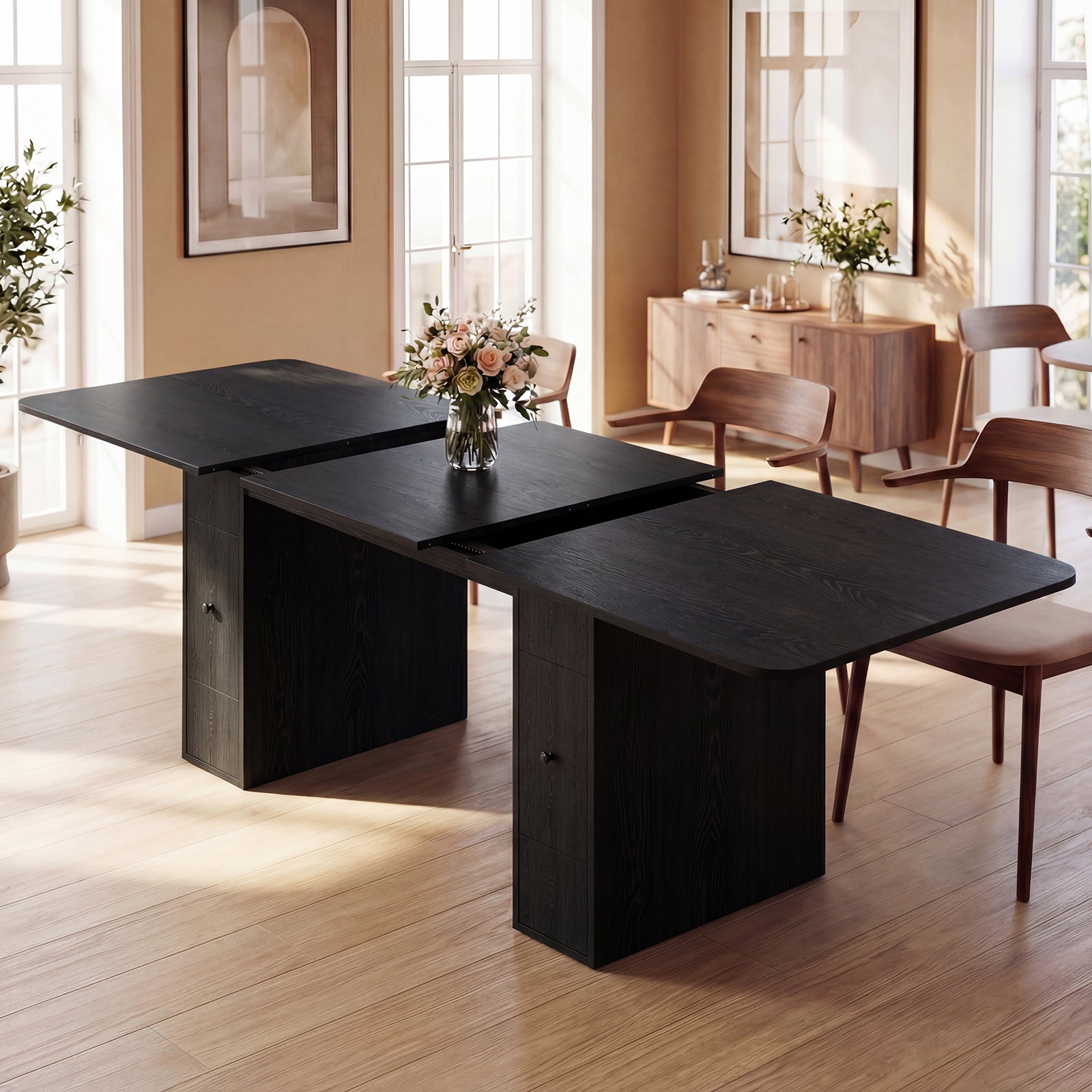 Black extendable dining table in a bright room with chairs and decor.
