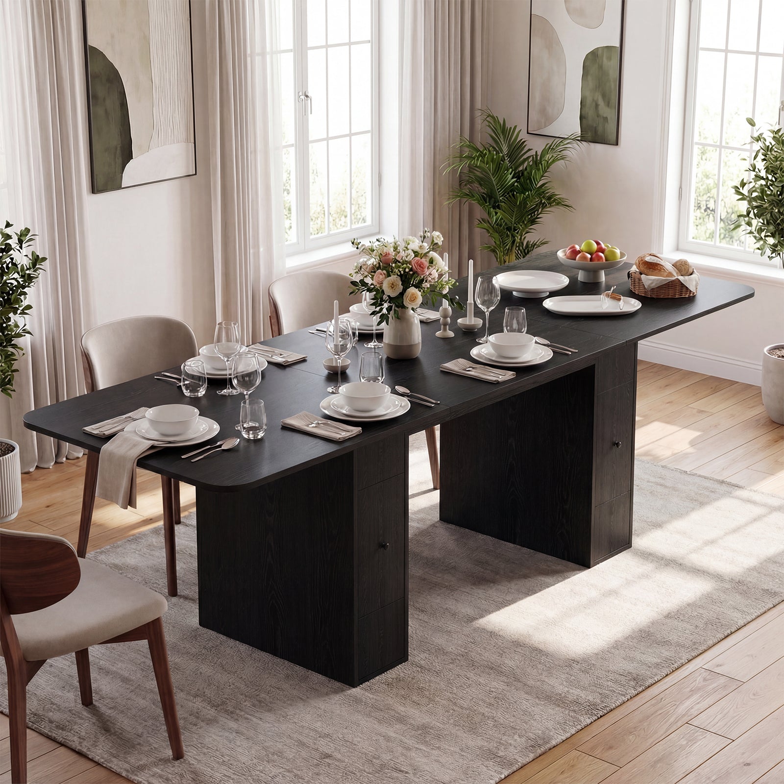 Dining room with a black dining table set for a meal, surrounded by chairs and decor.