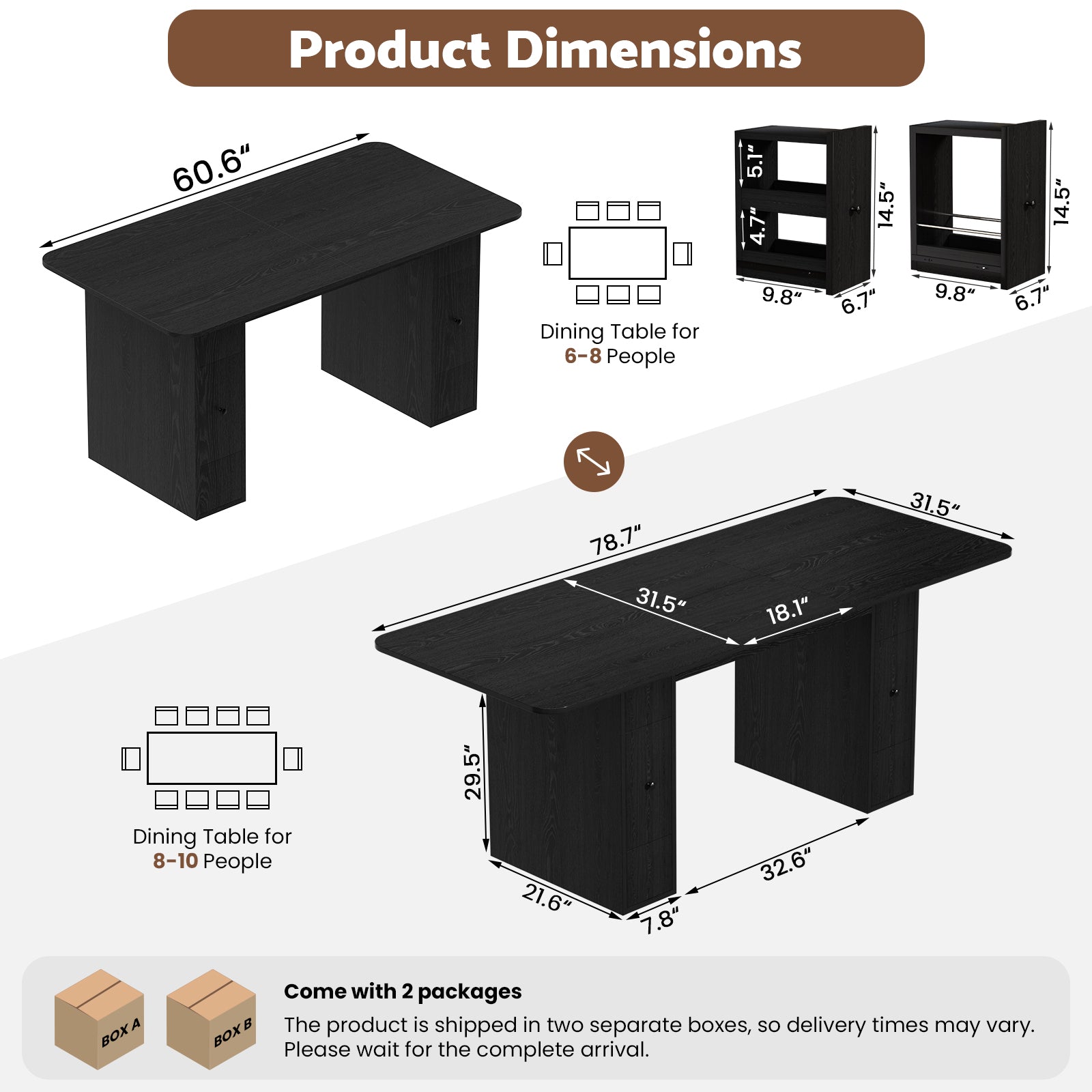 Dimensions of a black dining table for 6-8 people and 8-10 people with packaging information.