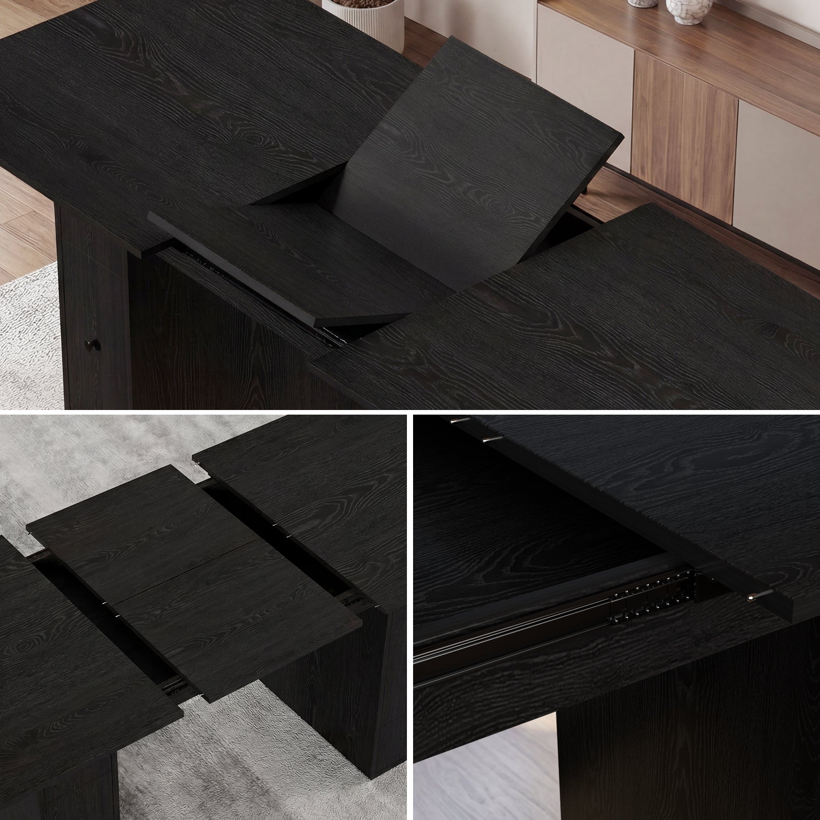Black wooden dining table with extensions in a kitchen setting