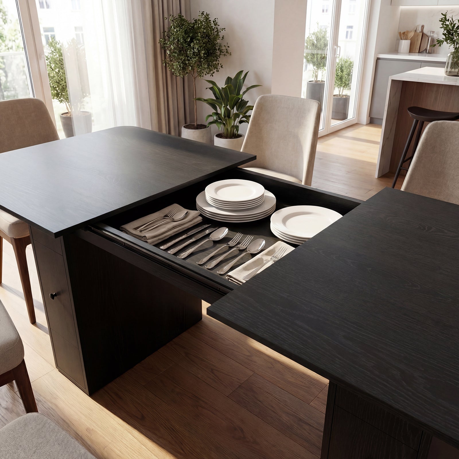 Dining table with a pull-out drawer containing cutlery and plates in a bright room.