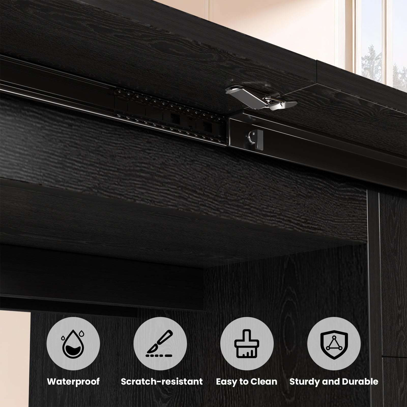Close-up of a black cabinet with a lock, featuring icons and text about material properties.