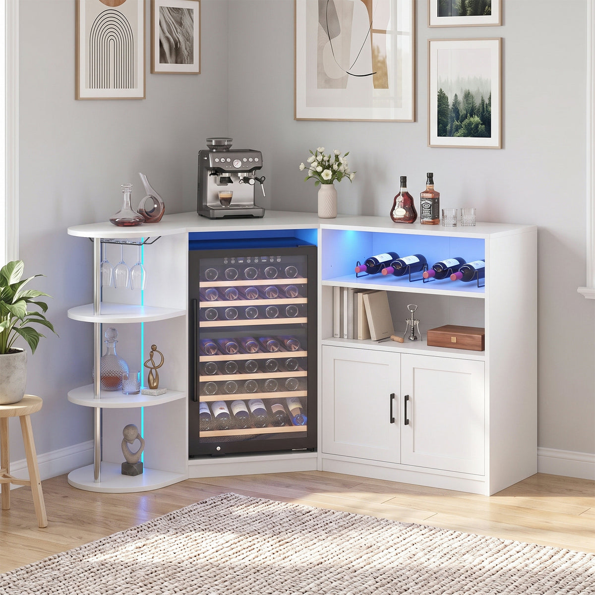 Advwin Corner Coffee Bar Cabinet w/ Fridge Space