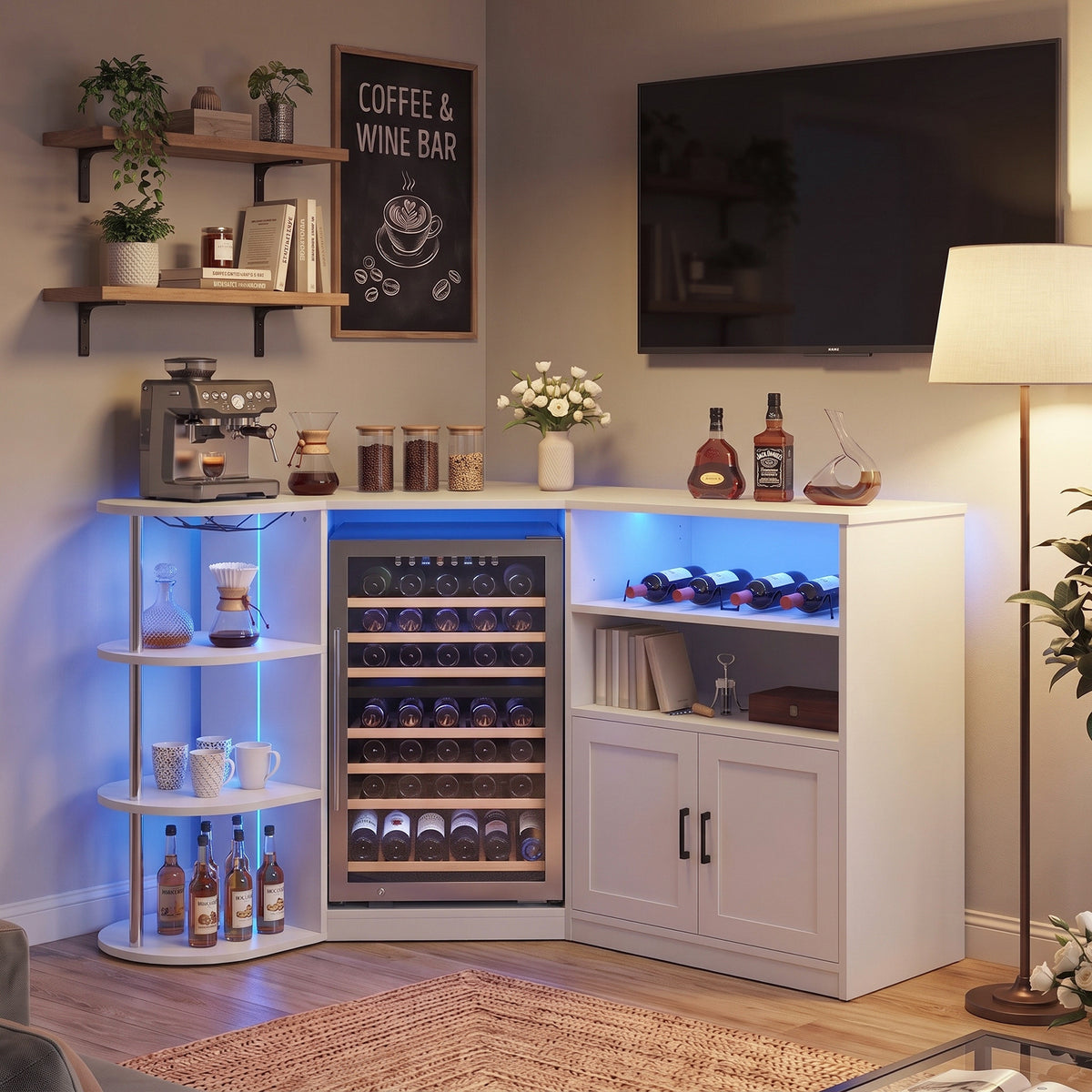 Advwin Corner Coffee Bar Cabinet w/ Fridge Space