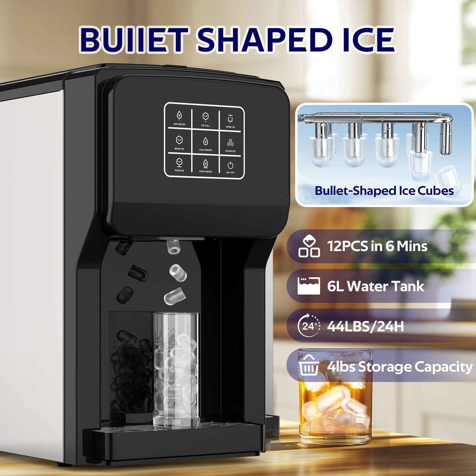 Ice machine with bullet-shaped ice cubes and product features displayed.