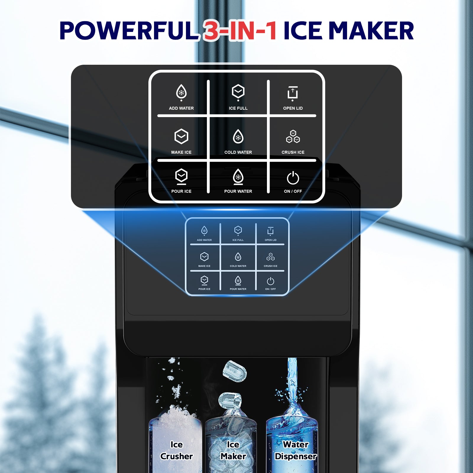 3-in-1 ice maker with control panel and water dispenser on a blurred snowy background