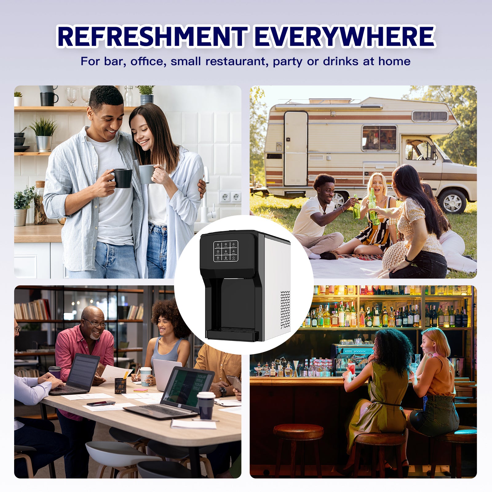 Portable refrigerator with various usage scenarios including home, office, and outdoor settings.