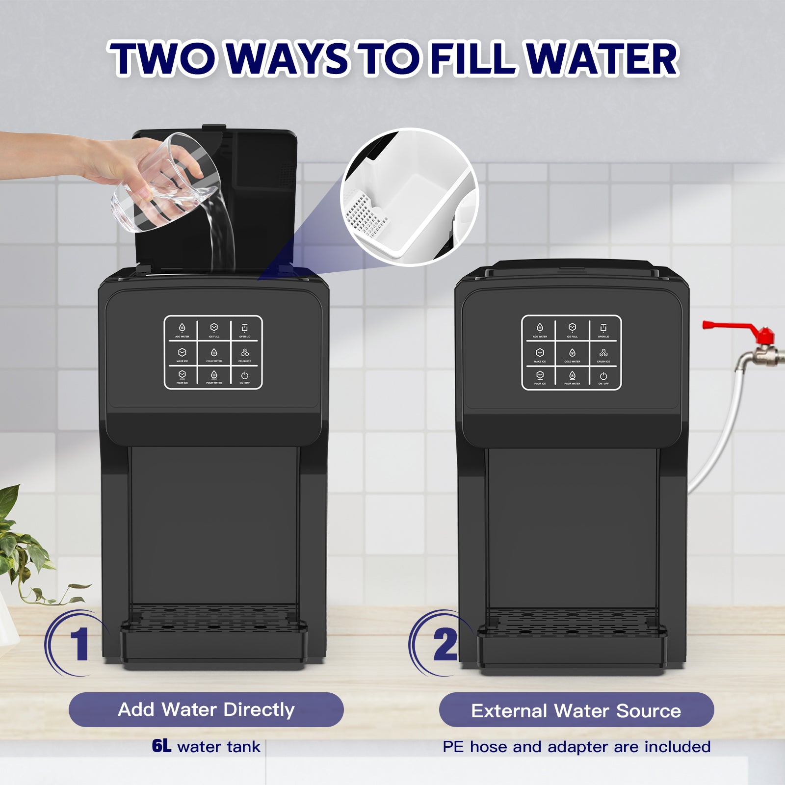 Two ways to fill water with a black water dispenser on a tiled wall background.