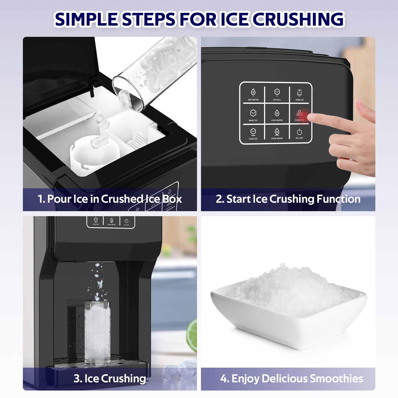 Step-by-step guide on using an ice crusher with text overlay