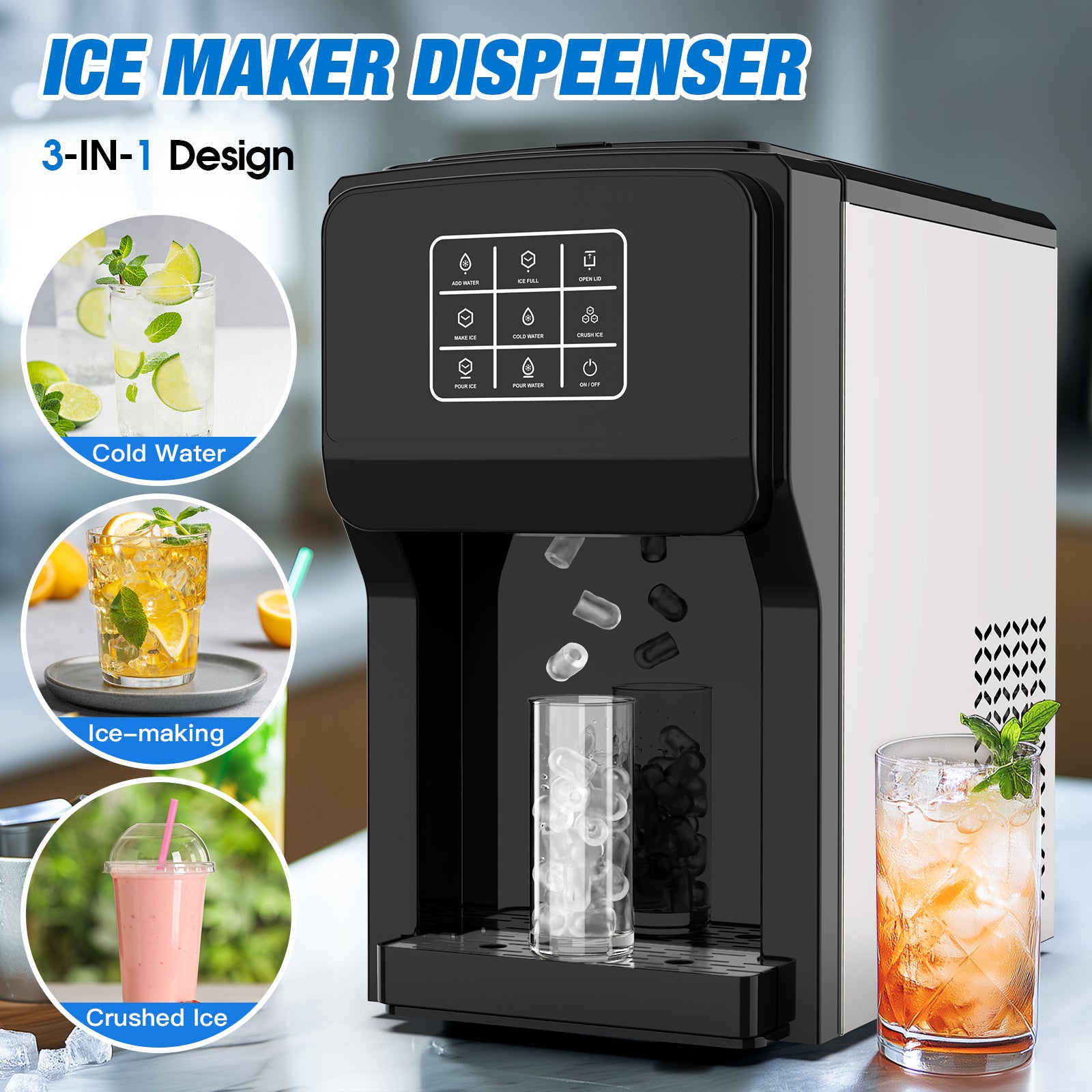 Ice maker dispenser with features for cold water, ice-making, and crushed ice, displayed with a glass of iced tea.