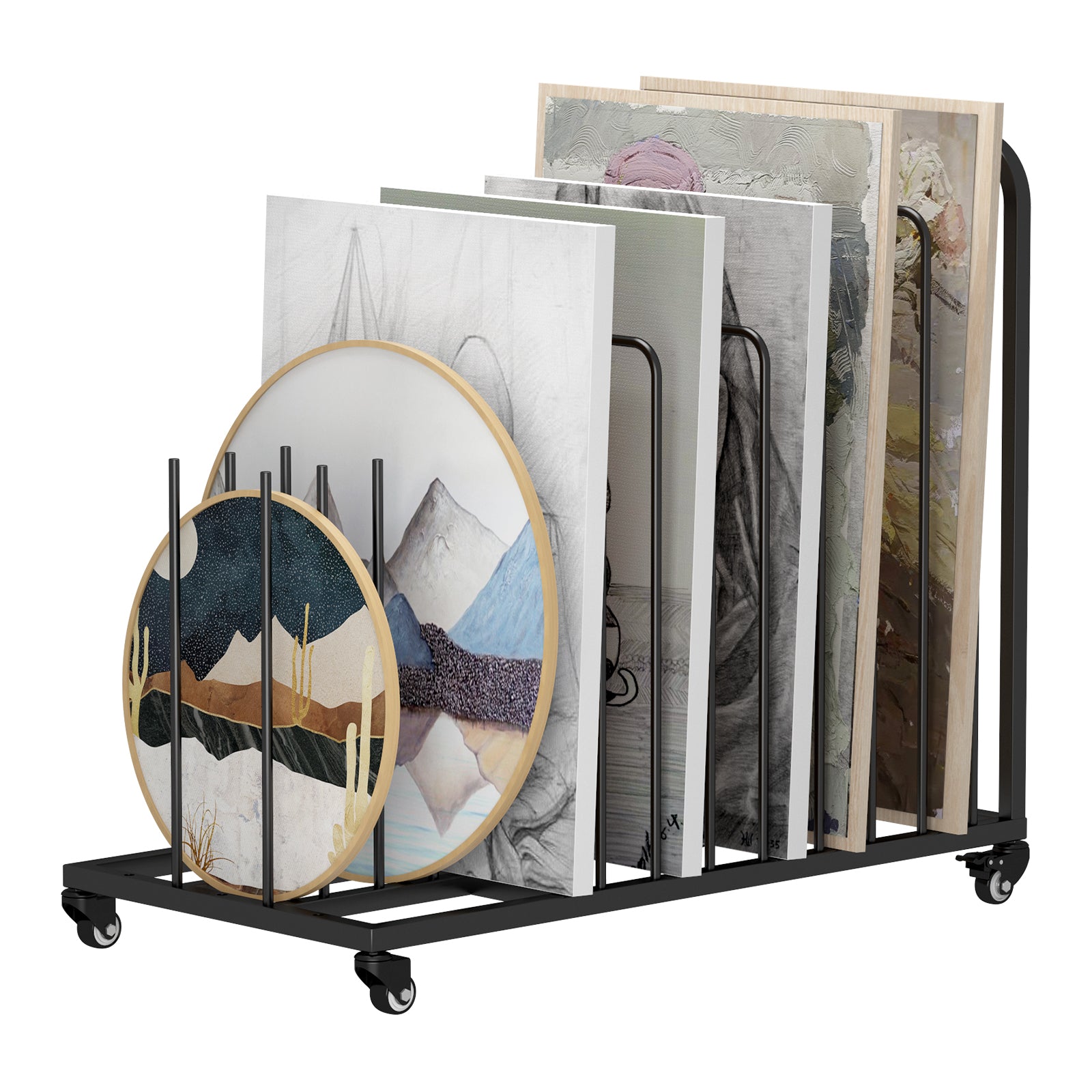 Black metal magazine rack holding books and a circular artwork on a white background