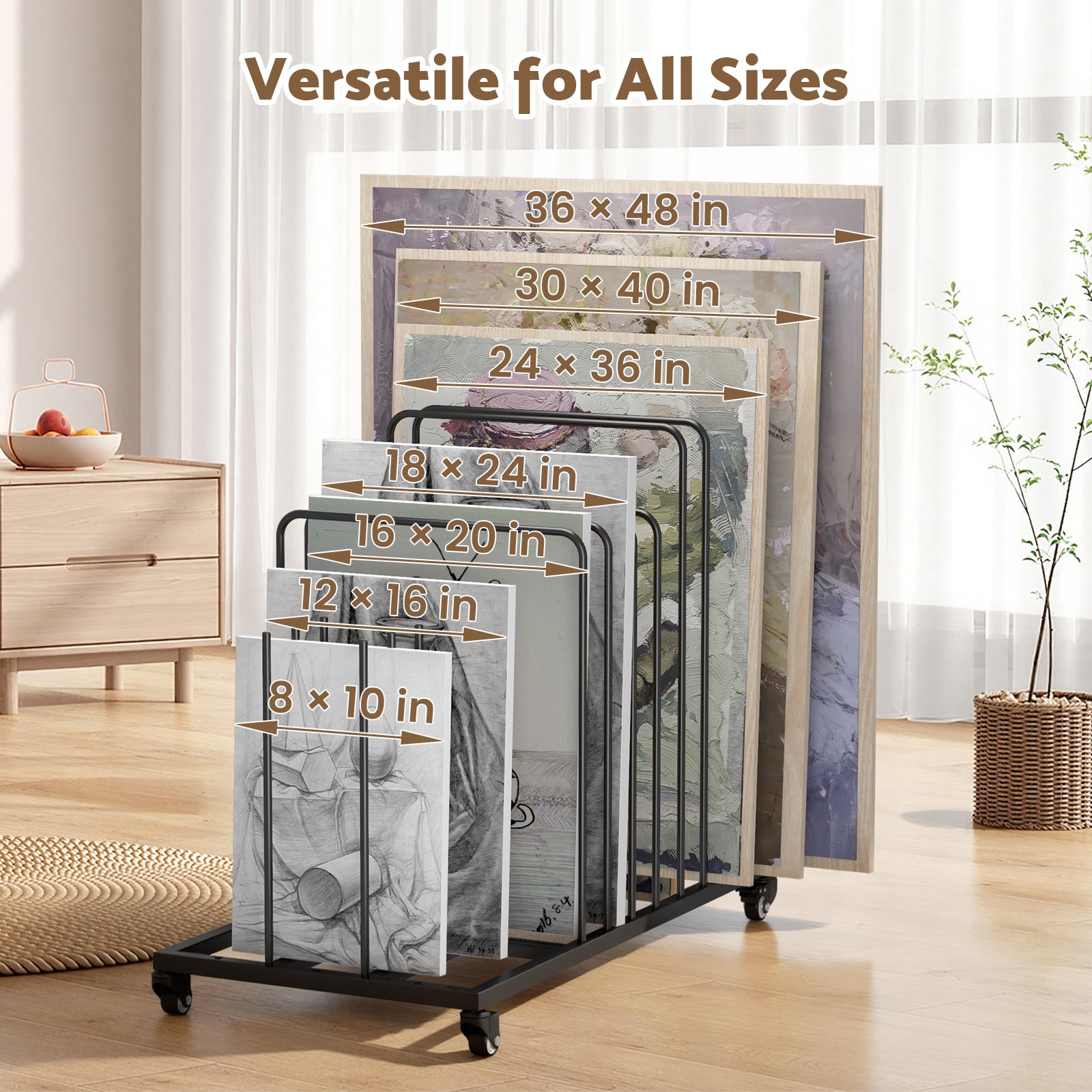 Display stand with various size measurements in a home setting