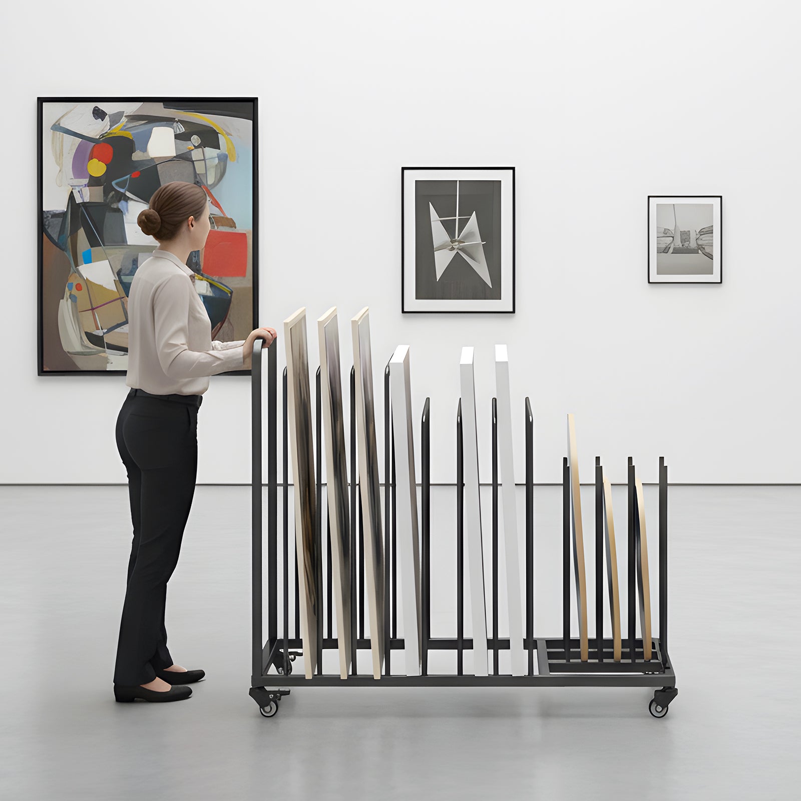 Person interacting with a rolling rack holding art supplies in an art gallery setting.