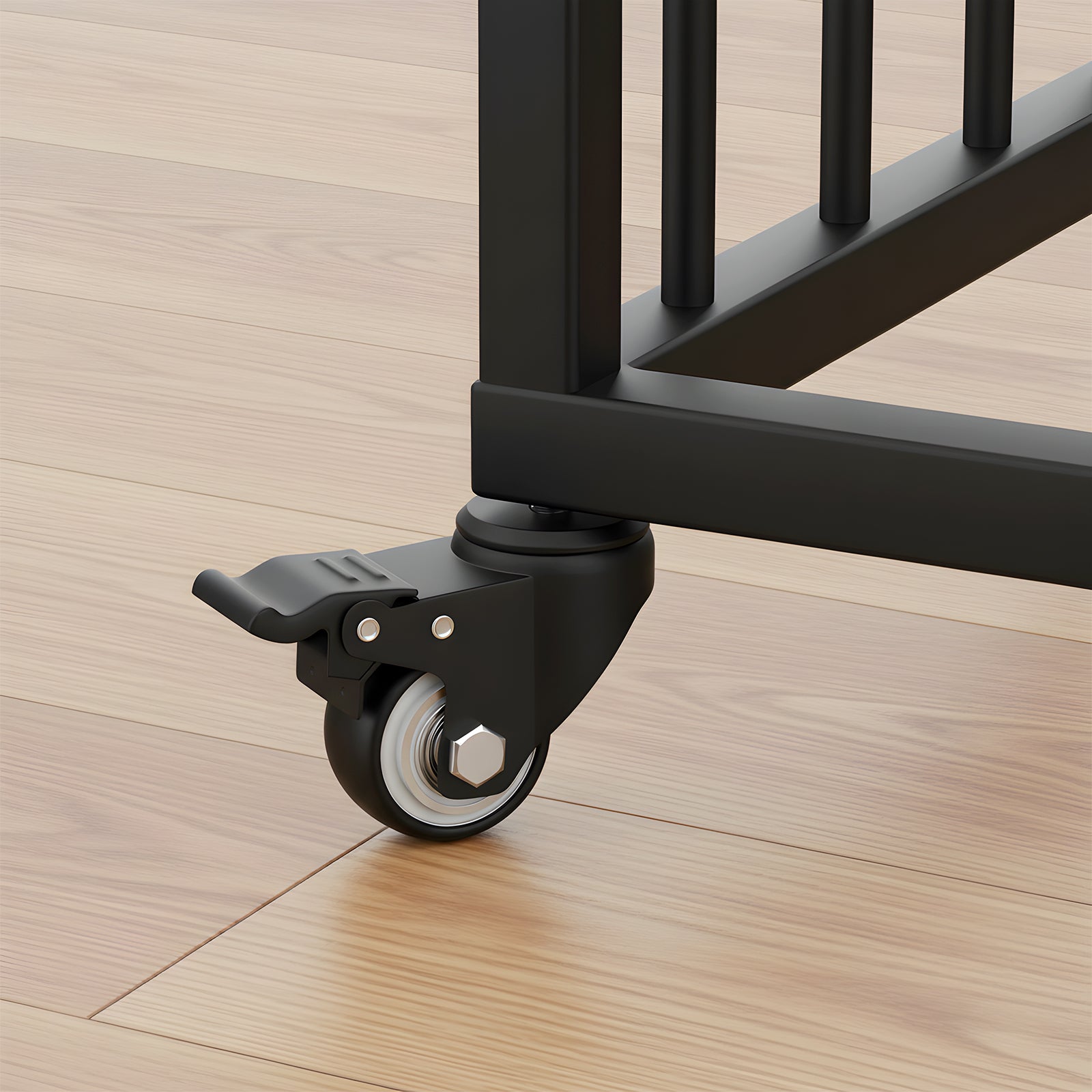 Black caster wheel on a wooden floor