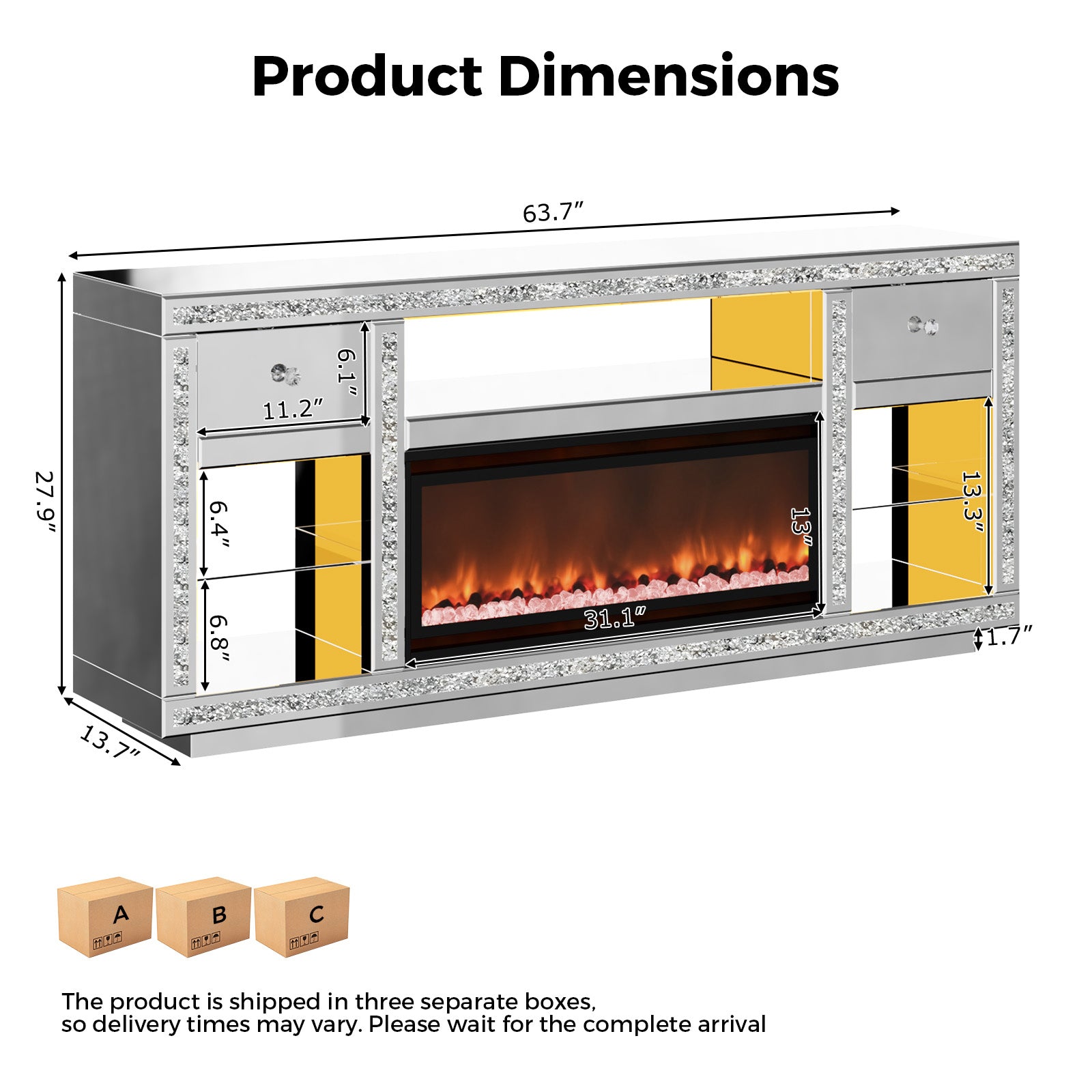 Advwin Mirrored TV Stand with Simulated Fireplace