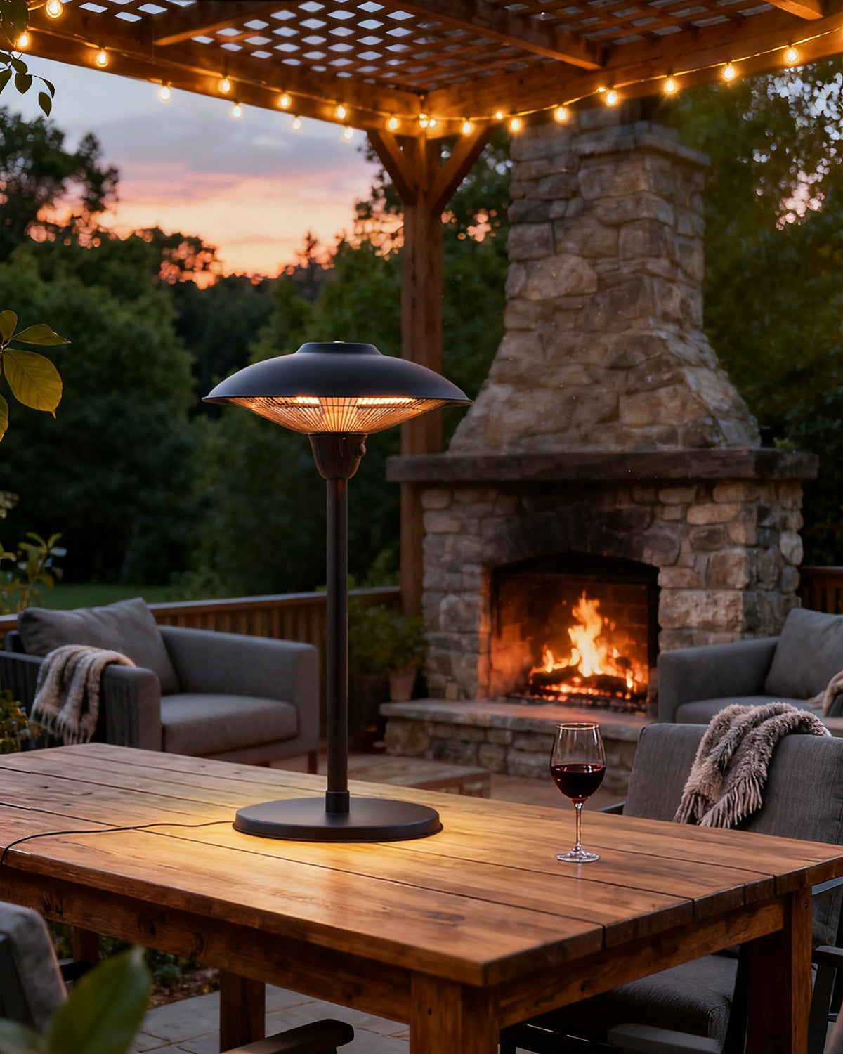 Outdoor patio with patio heater, wooden table, and stone fireplace at dusk.