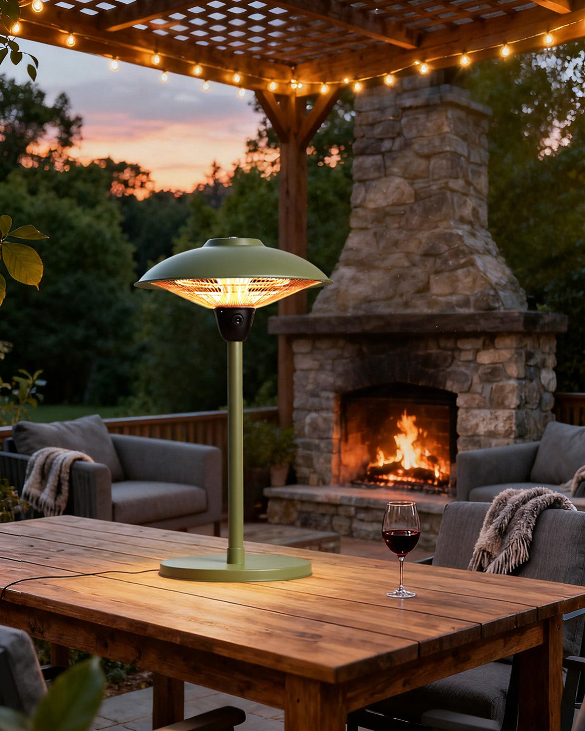 Outdoor patio heater on a wooden table with a fireplace and seating area in the background.