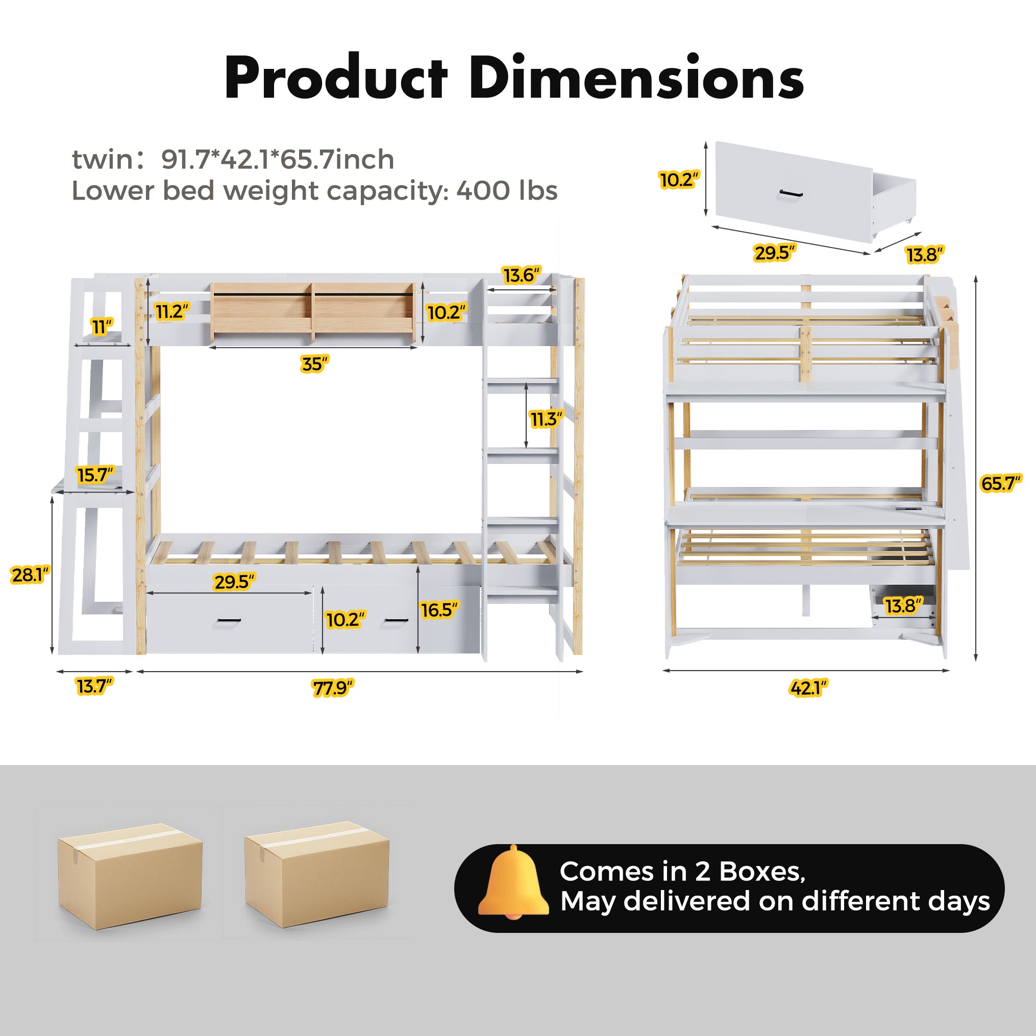 Advwin Solid Wood Bunk Bed with Desk & LED Lights