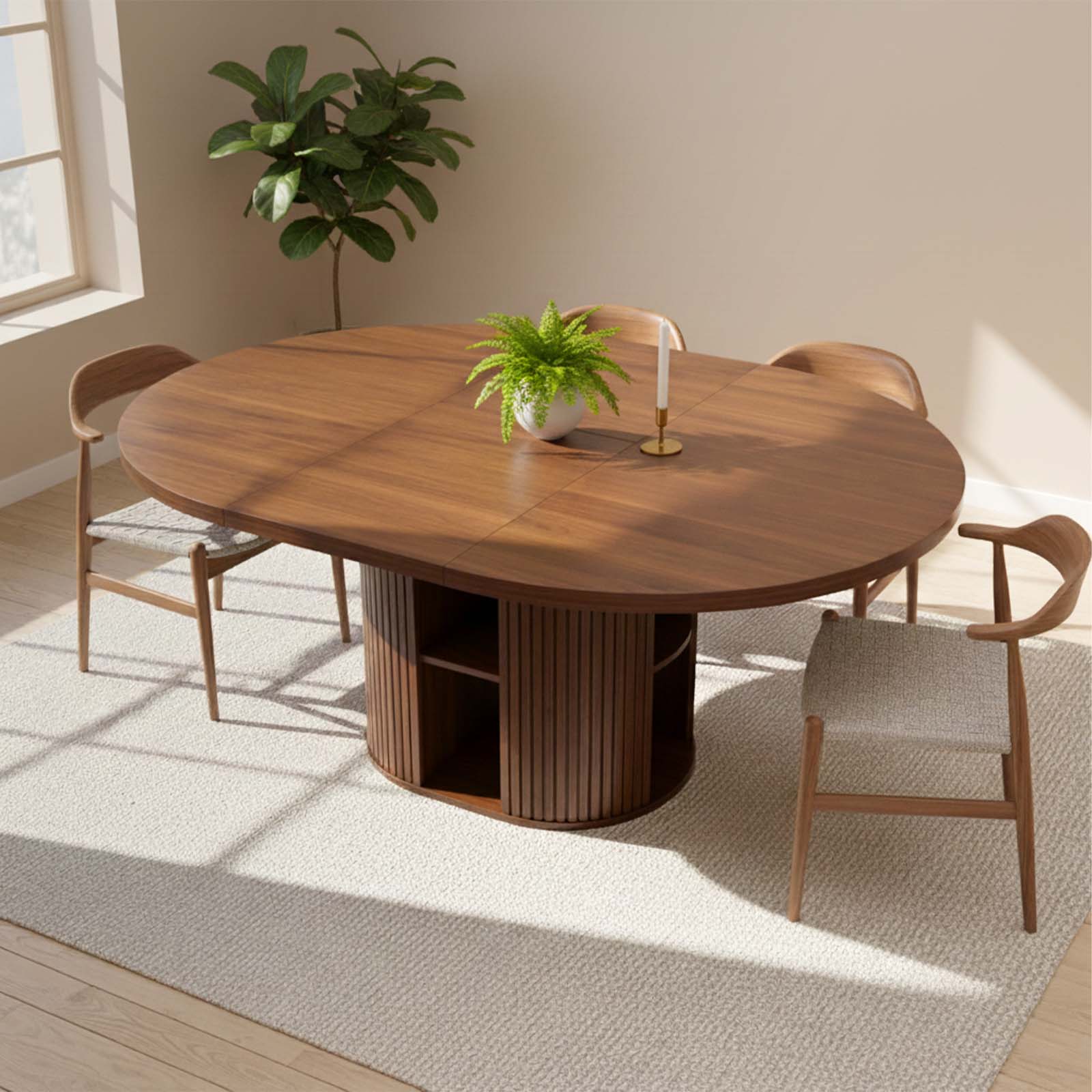 Wooden dining table with chairs in a bright room with natural light