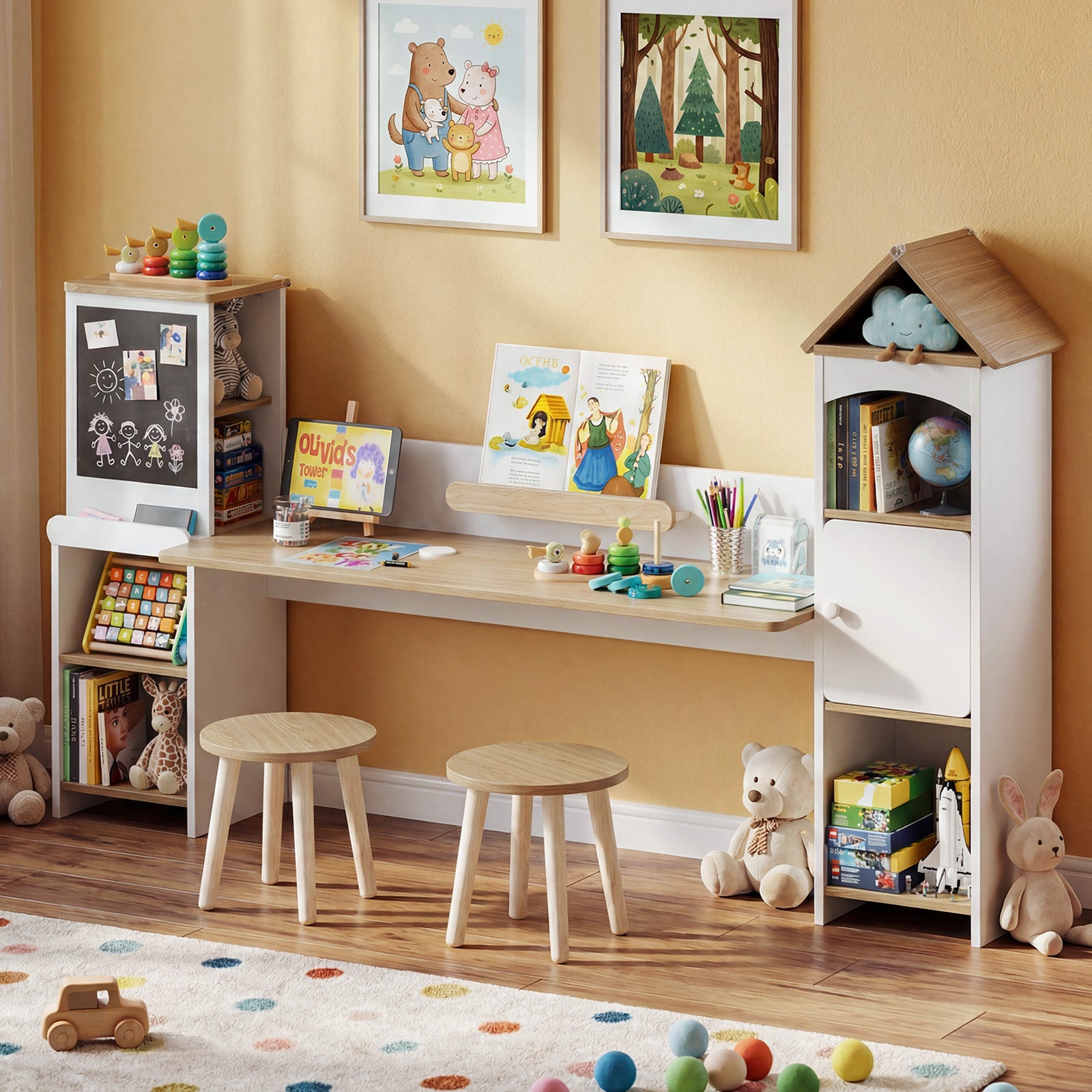 Advwin House-Shaped Kids Desk with Blackboard