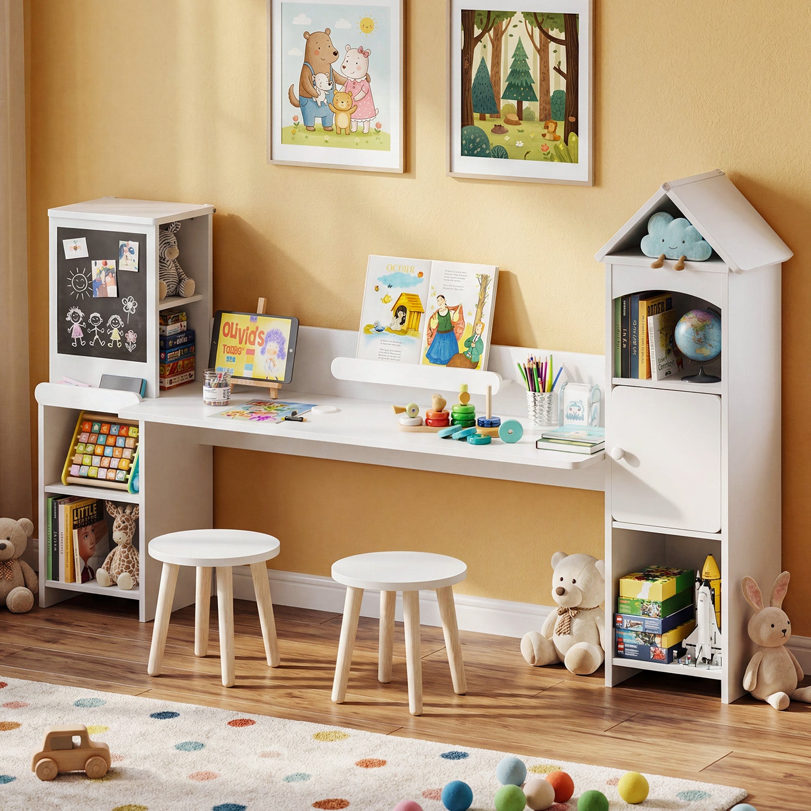 Advwin House-Shaped Kids Desk with Blackboard