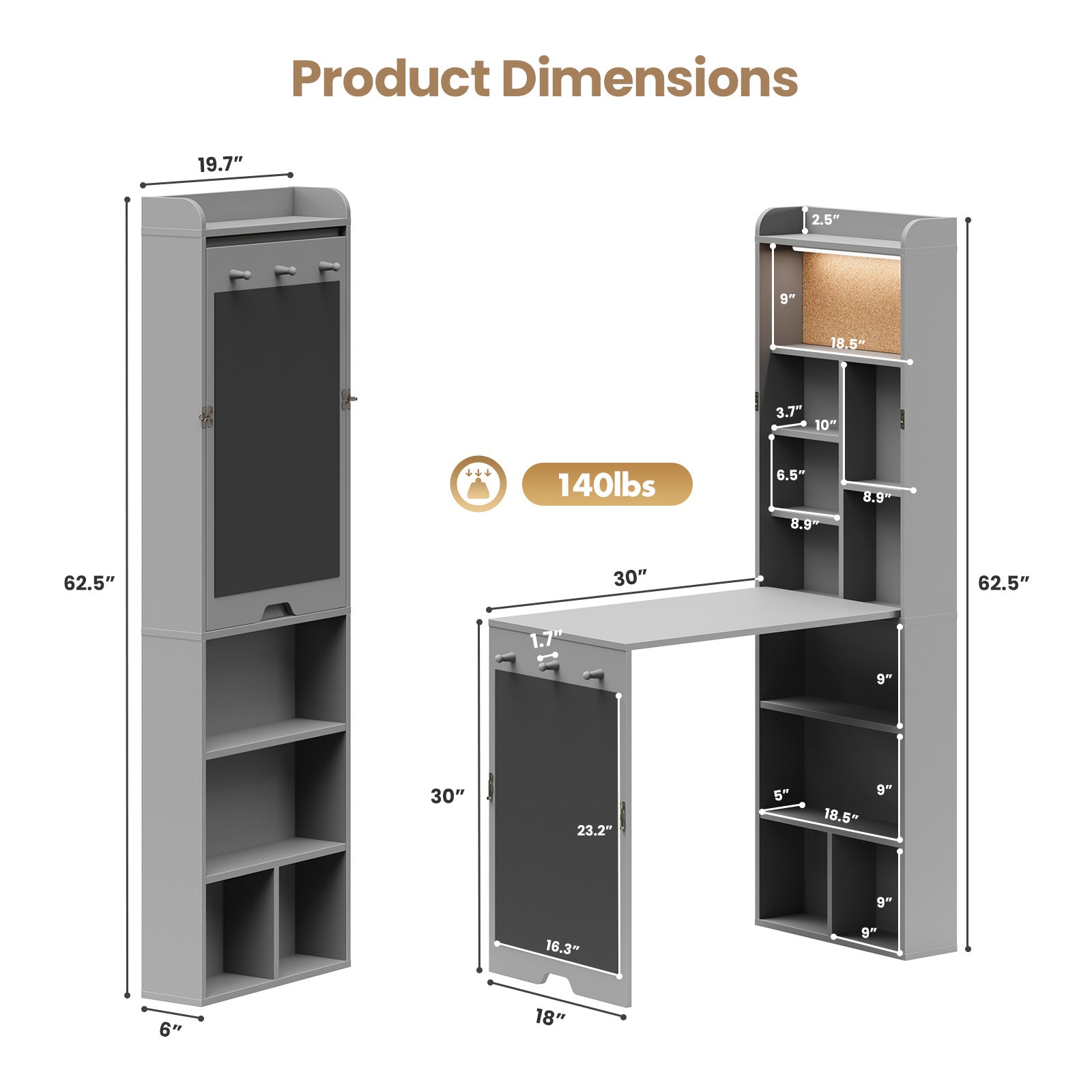 Dimensions of a gray storage unit with shelves and a desk on a white background