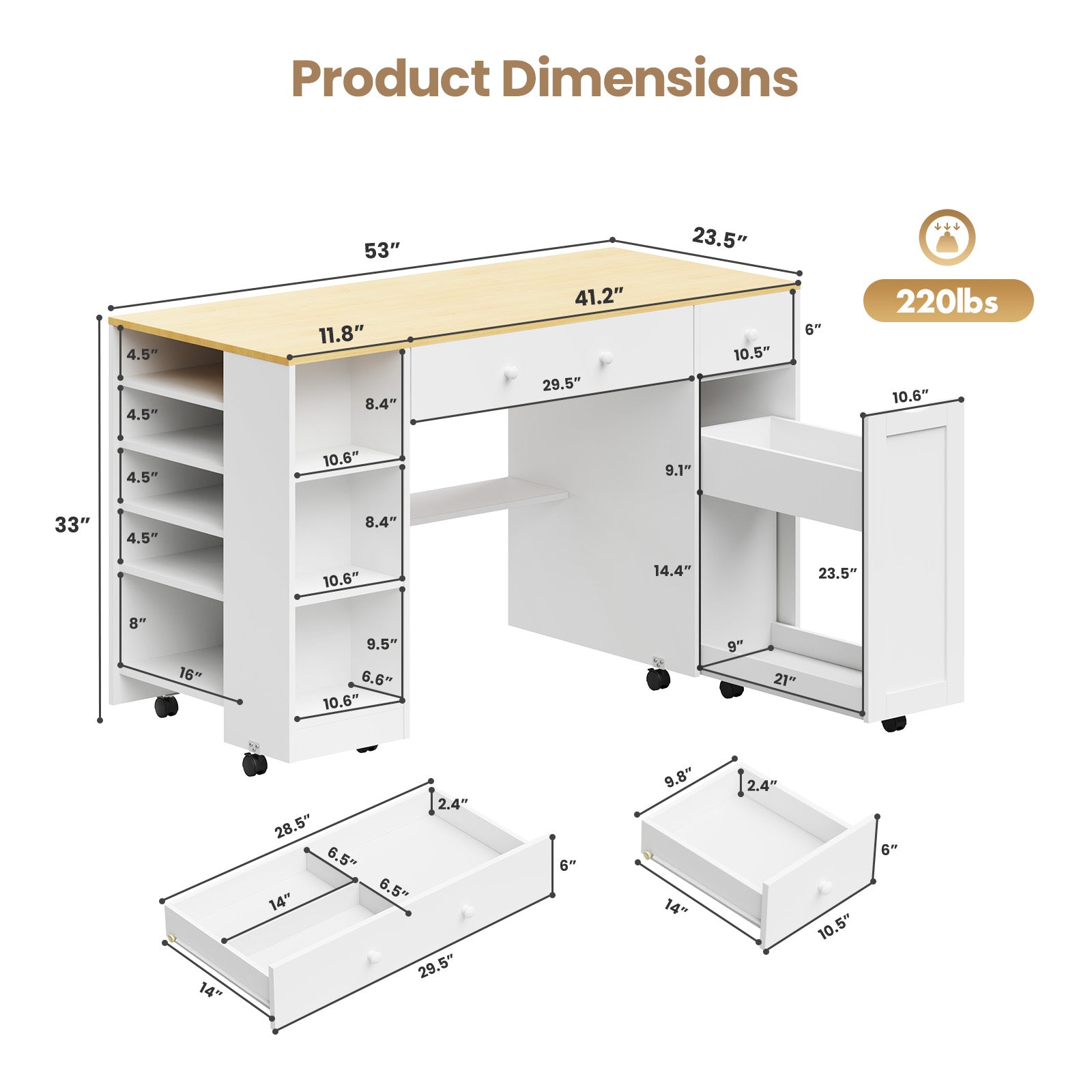 Advwin Rolling Craft Table w/ Adjustable Shelves