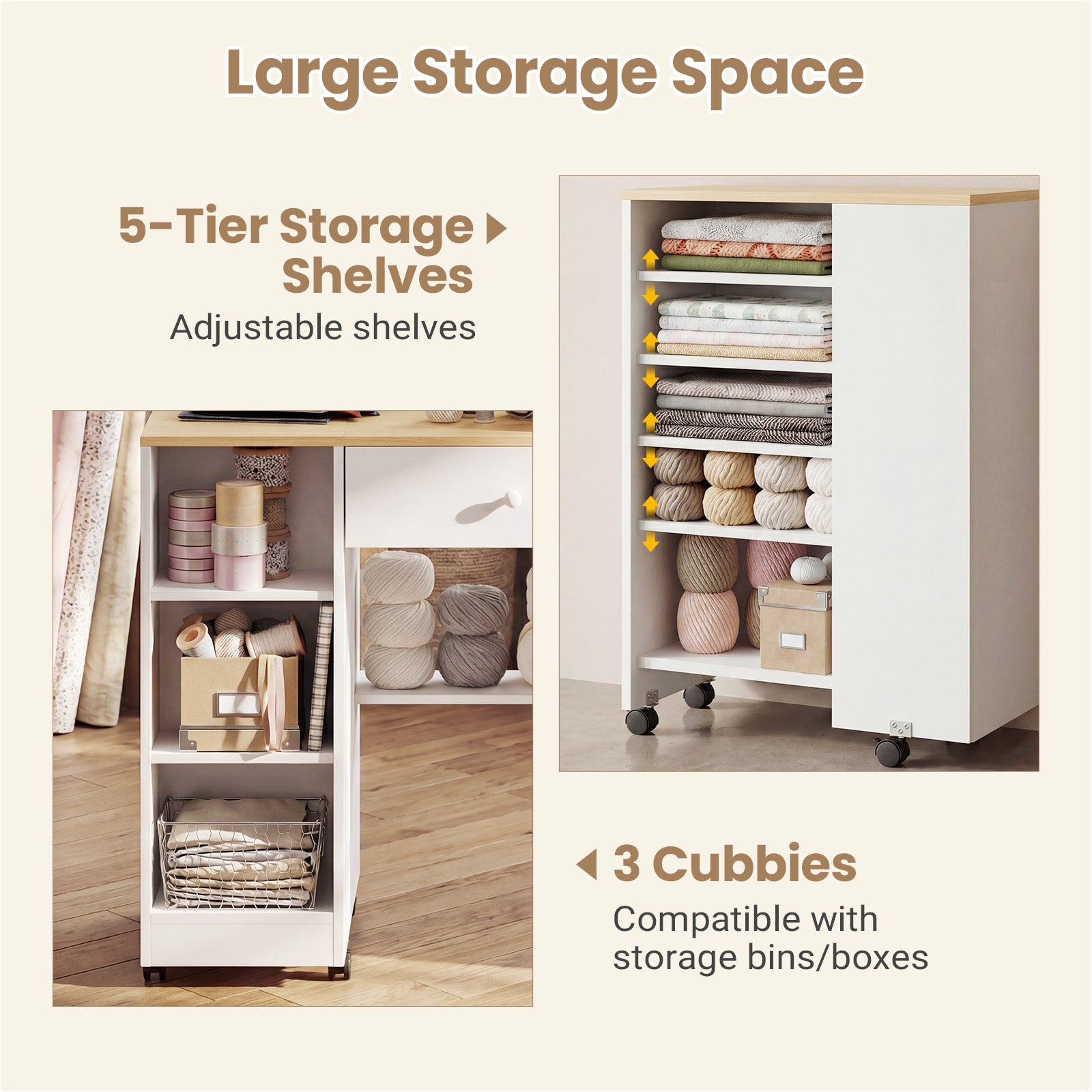 Advwin Rolling Craft Table w/ Adjustable Shelves