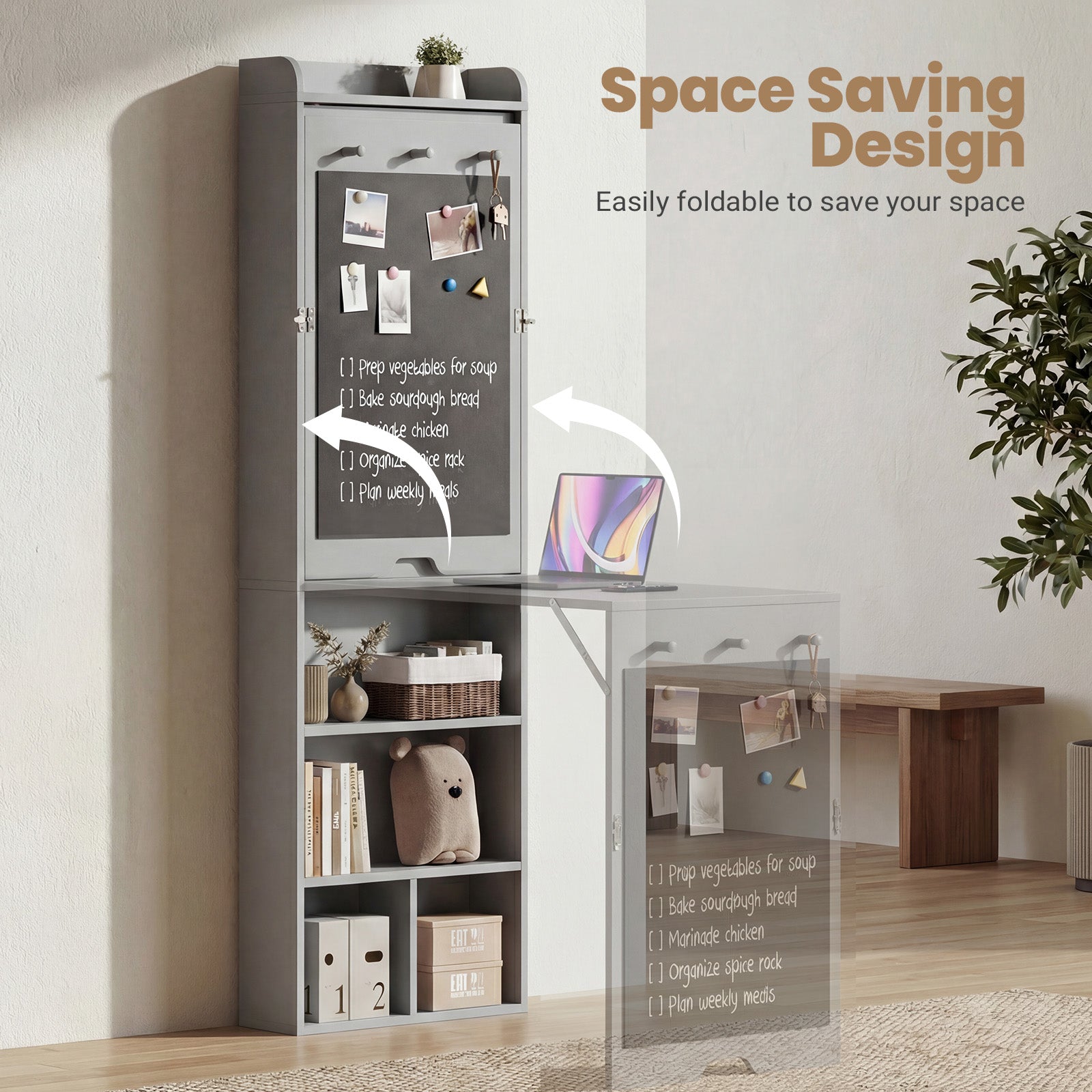 Foldable storage cabinet with space-saving design in a room setting.