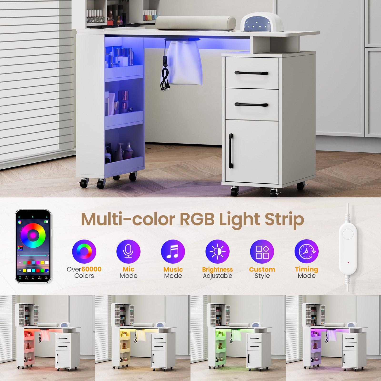 Advwin Manicure Table with Extendable Polish Cabinet