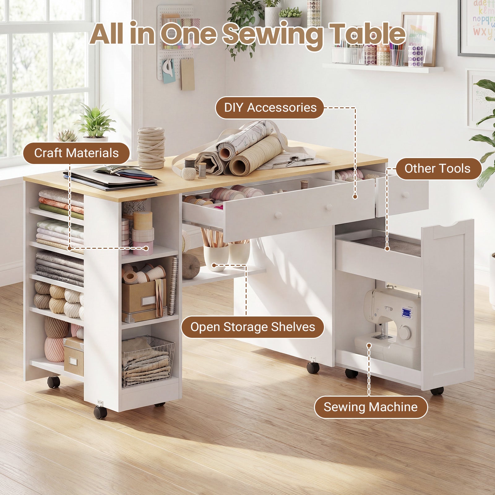 Advwin Rolling Craft Table w/ Adjustable Shelves
