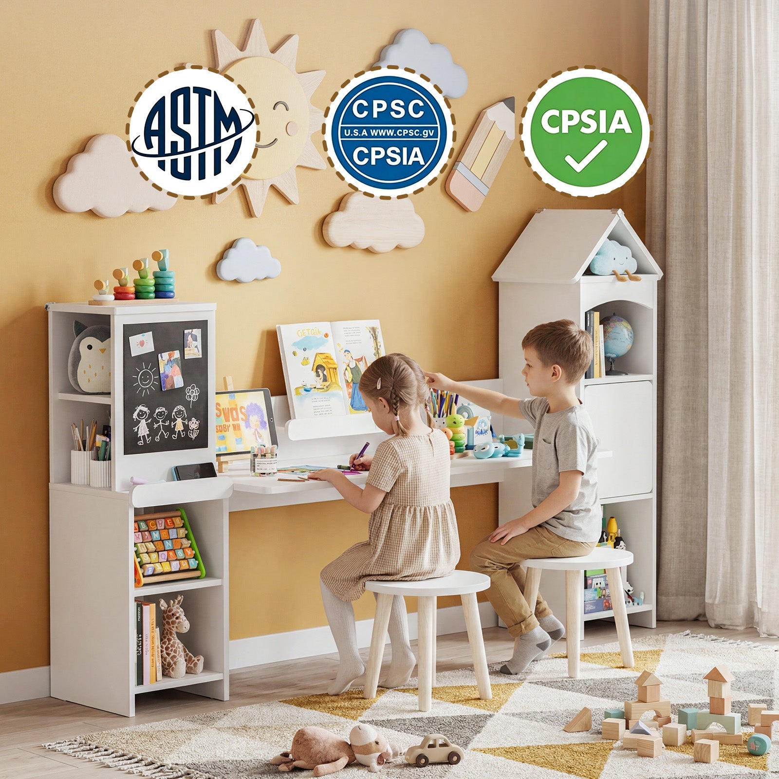 Advwin House-Shaped Kids Desk with Blackboard