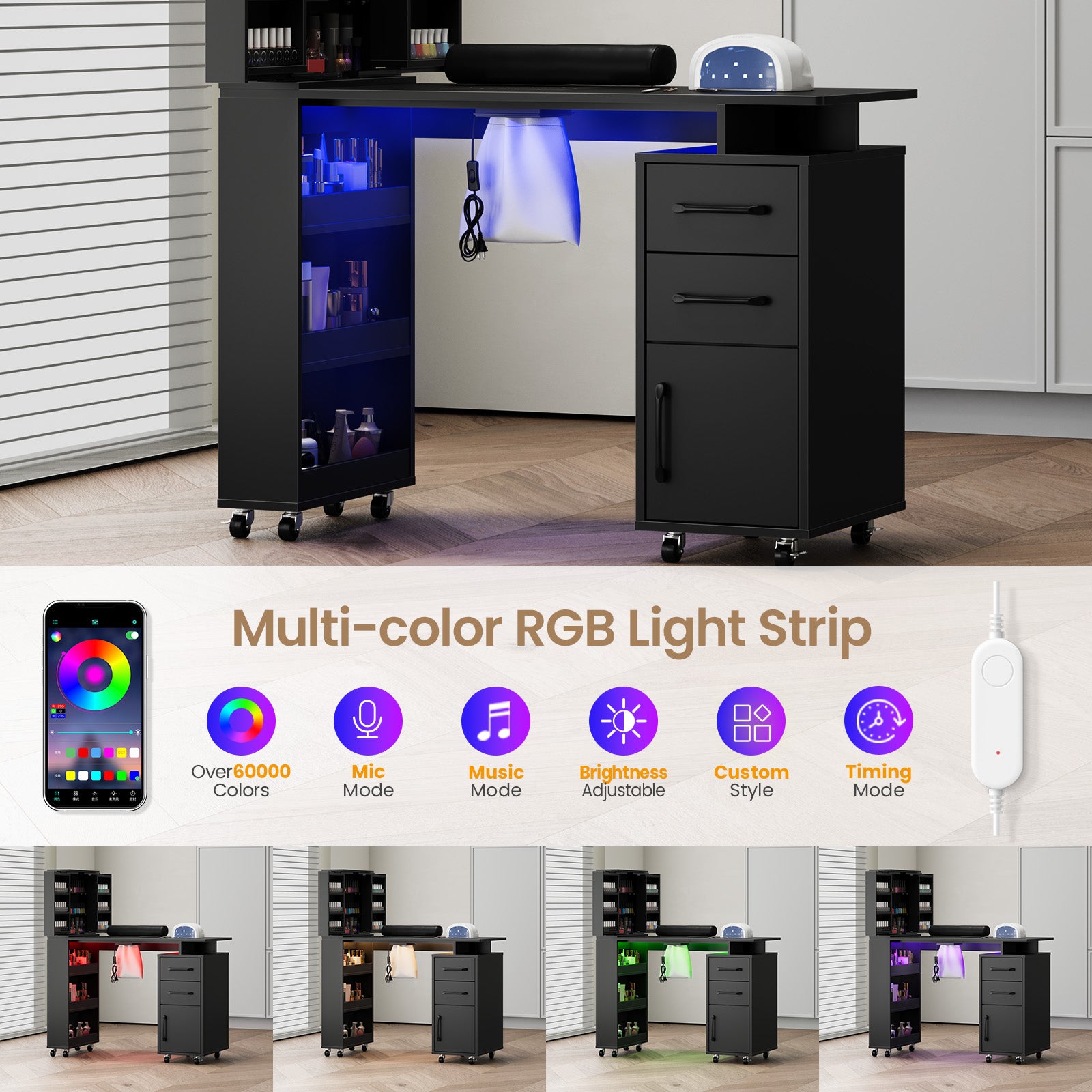 Advwin Manicure Table with Extendable Polish Cabinet