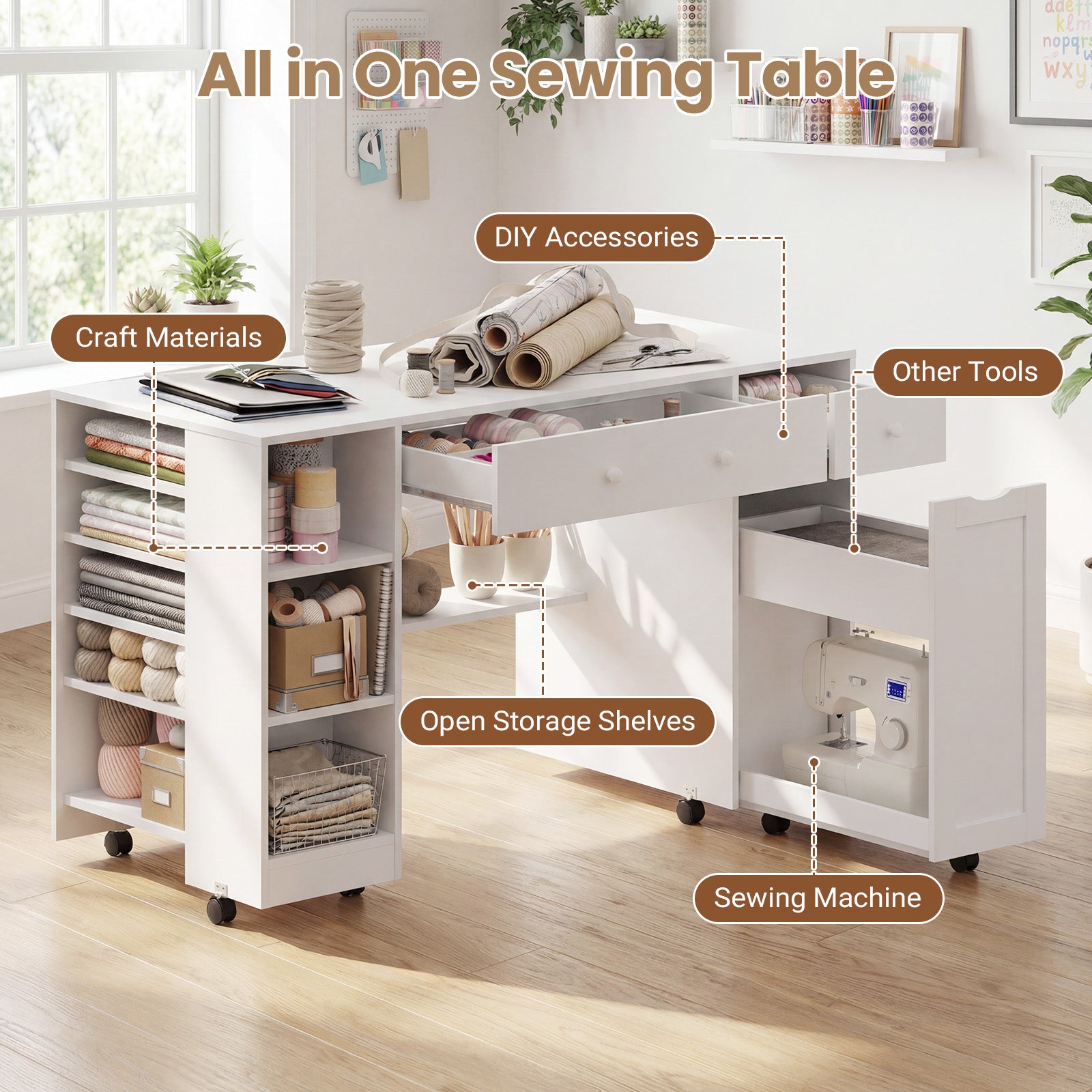 Advwin Rolling Craft Table w/ Adjustable Shelves